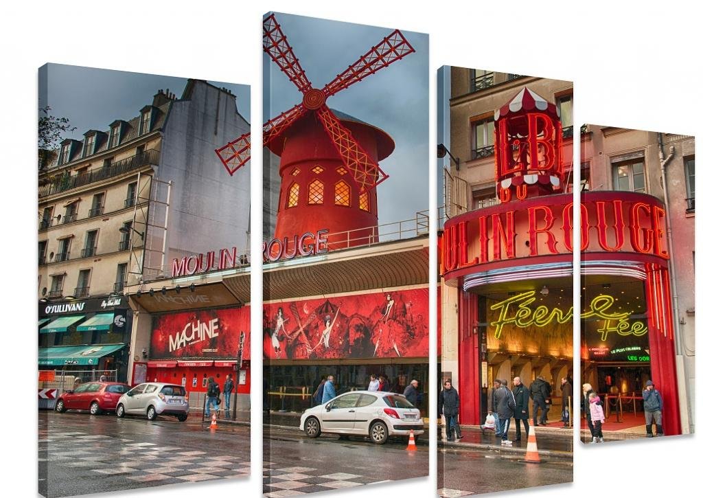 Multi Split Panel Canvas Artwork Art - The Moulin Rouge Paris Windmill Dance Evening Famous Attraction - ART Depot OUTLET - 4 Panel - 101cm x 71cm (40"x28")