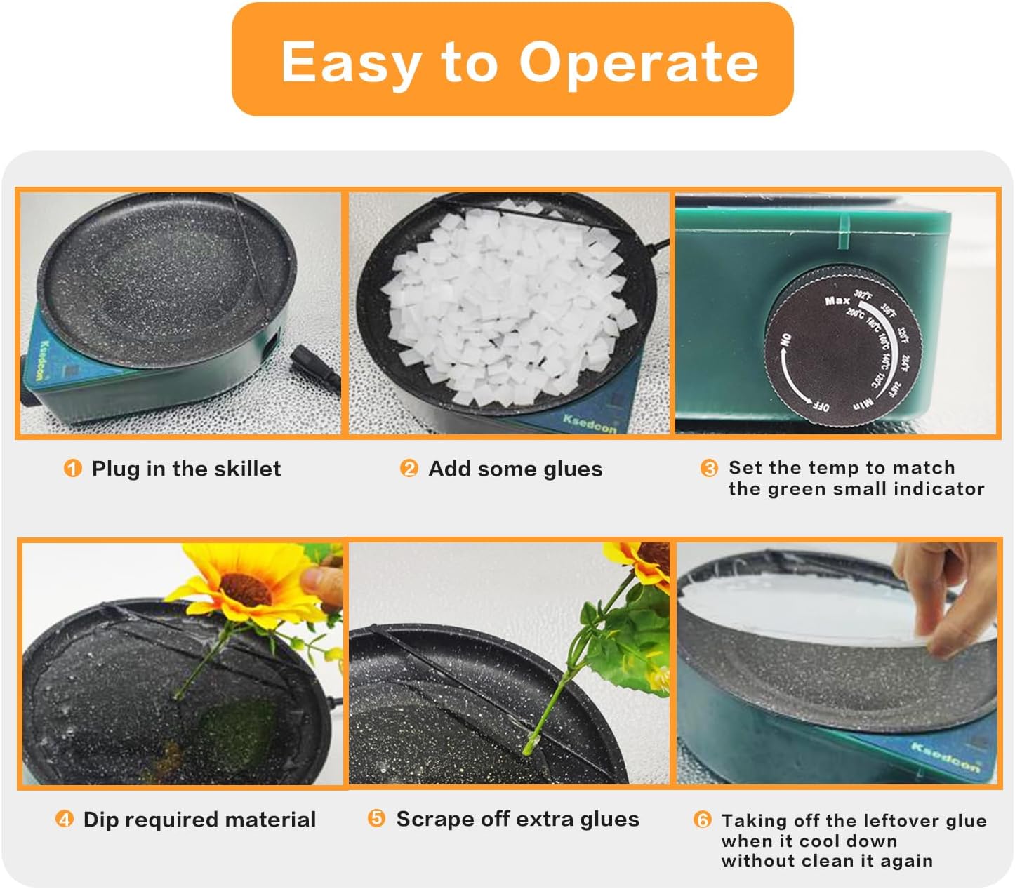 Hot Glue Pot, Floral Glue Pot Skillet for Crafts, Temperature Control Gage 212°F-392°F, 8.25in Diameter, Melting Pot for Glue Sticks Pellets and Beads with Degumming Stick