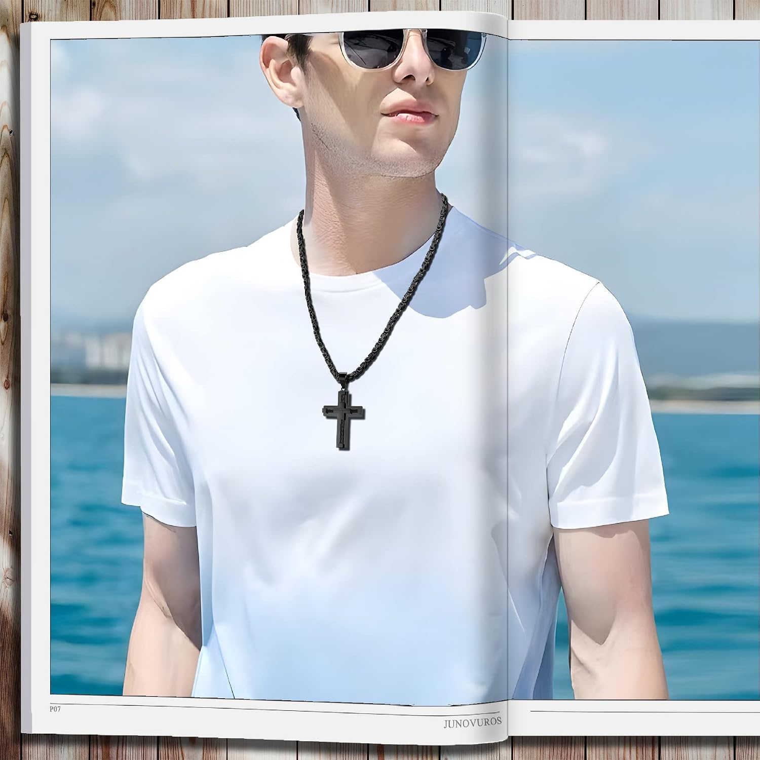 JUNOVUROS Cross Pendant Necklace for Men, Jesus Christ 316L Stainless Steel 20 to 28 In Rolo/24 In Byzantine Chain, 2 Sizes of Religious Jewelry with Silver/Gold/Black/Multicolor
