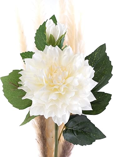 Miniatura 4 de Paquete de 4 flores artificiales de dalia artificiales de 23 pulgadas, tallo de dalia artificial (blanco), flores artificiales largas de seda
