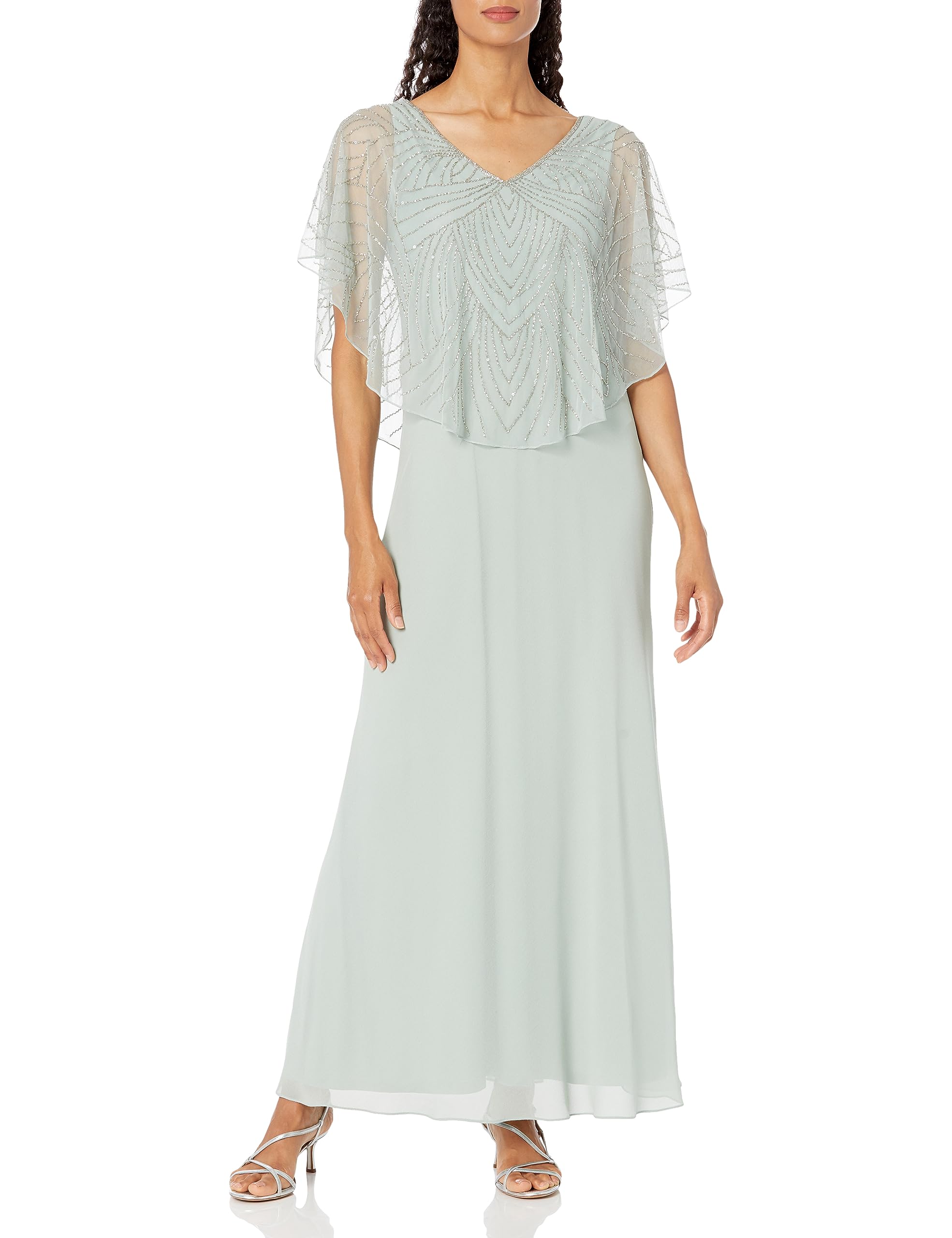 J Kara Women's Plus Size Geometrical Beaded V-Neck Dress, Celadon