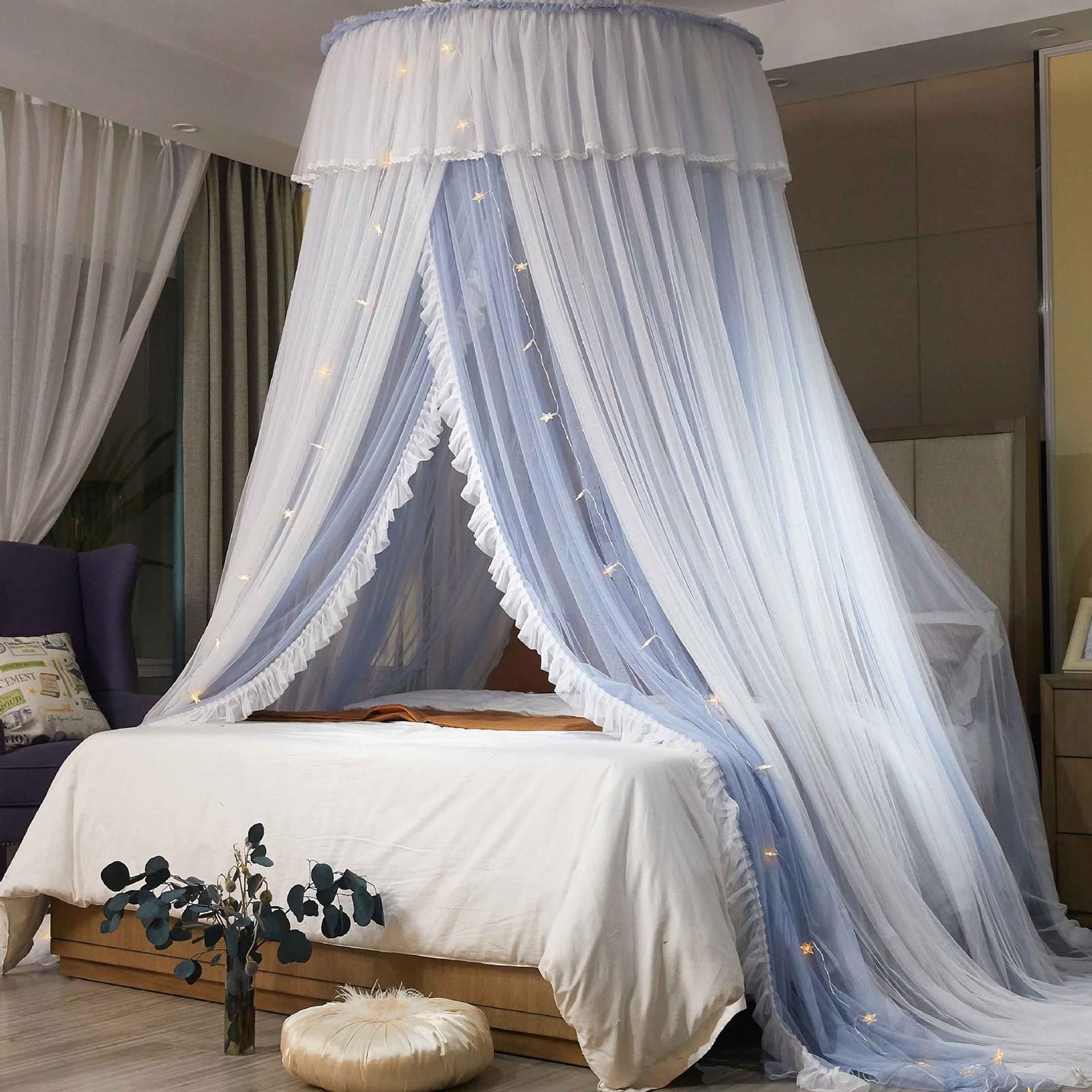 Prinzessinnen Moskitonetz mit Lichtern, Spitzen Betthimmel für Mädchen, King Size Doppelschicht, eleganter Betthimmel Bettvorhänge, Betthimmel für Schlafzimmer Dekoration,Grau,1.8m