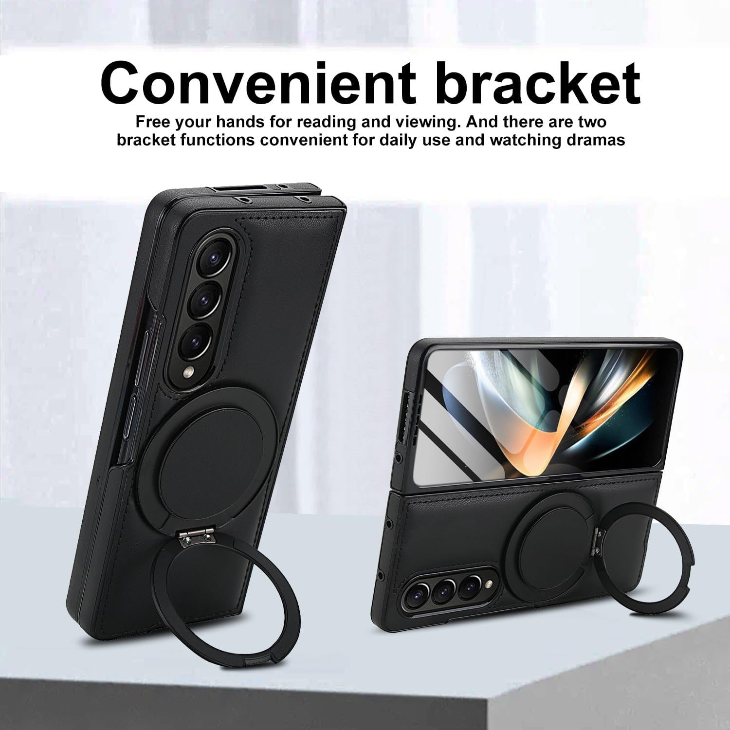 Case for Samsung Galaxy Z Fold 3,Kickstand 360° Rotatable Stand Case with Screen Protector,PU Leather Support Wireless Charging,Anti-Shock, Anti-Fall Cover for Galaxy Z Fold 3 (Black) image 3