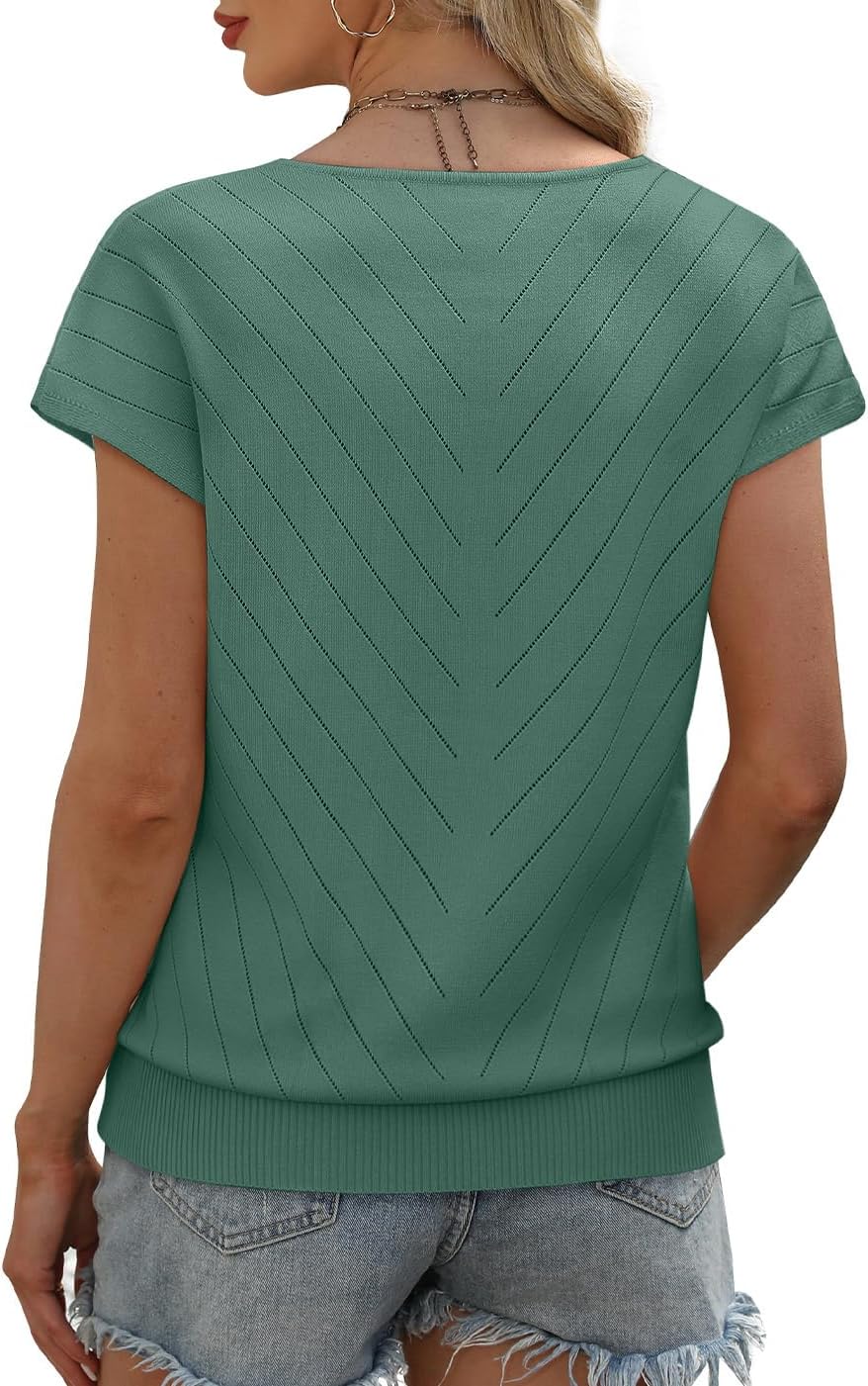 OFEEFAN Womens Sweaters Short Sleeve V Neck Summer Tops Trendy Fashion Business Casual Outfits Dressy Clothes - Image 5