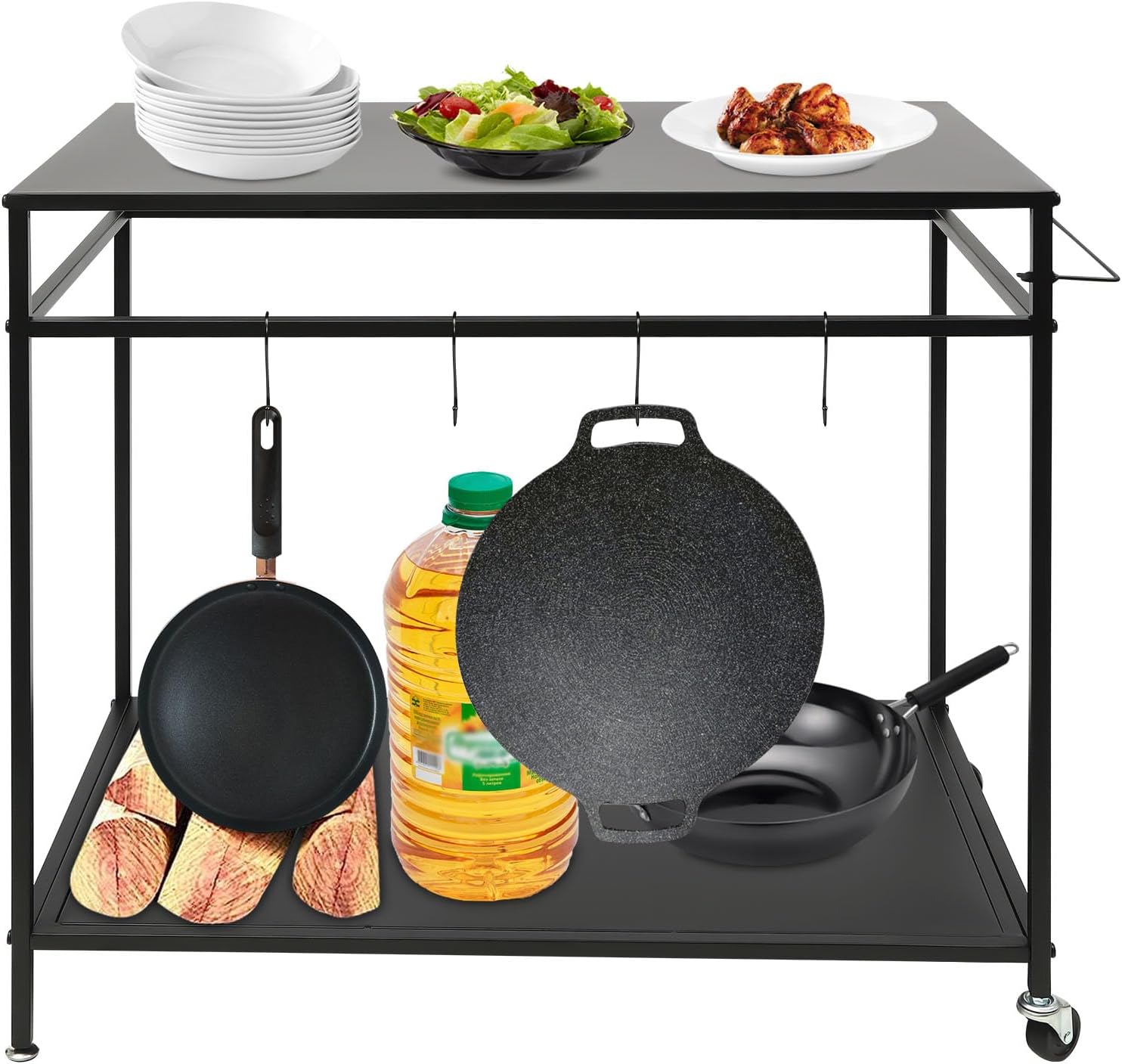 Outdoor Grill Cart Table Movable Pizza Oven Stand Table with Foldable Side, 2-Shelf Outdoor Cooking Prep Tables Stainless Steel Rolling Cart for BBQ, Camping (Black)