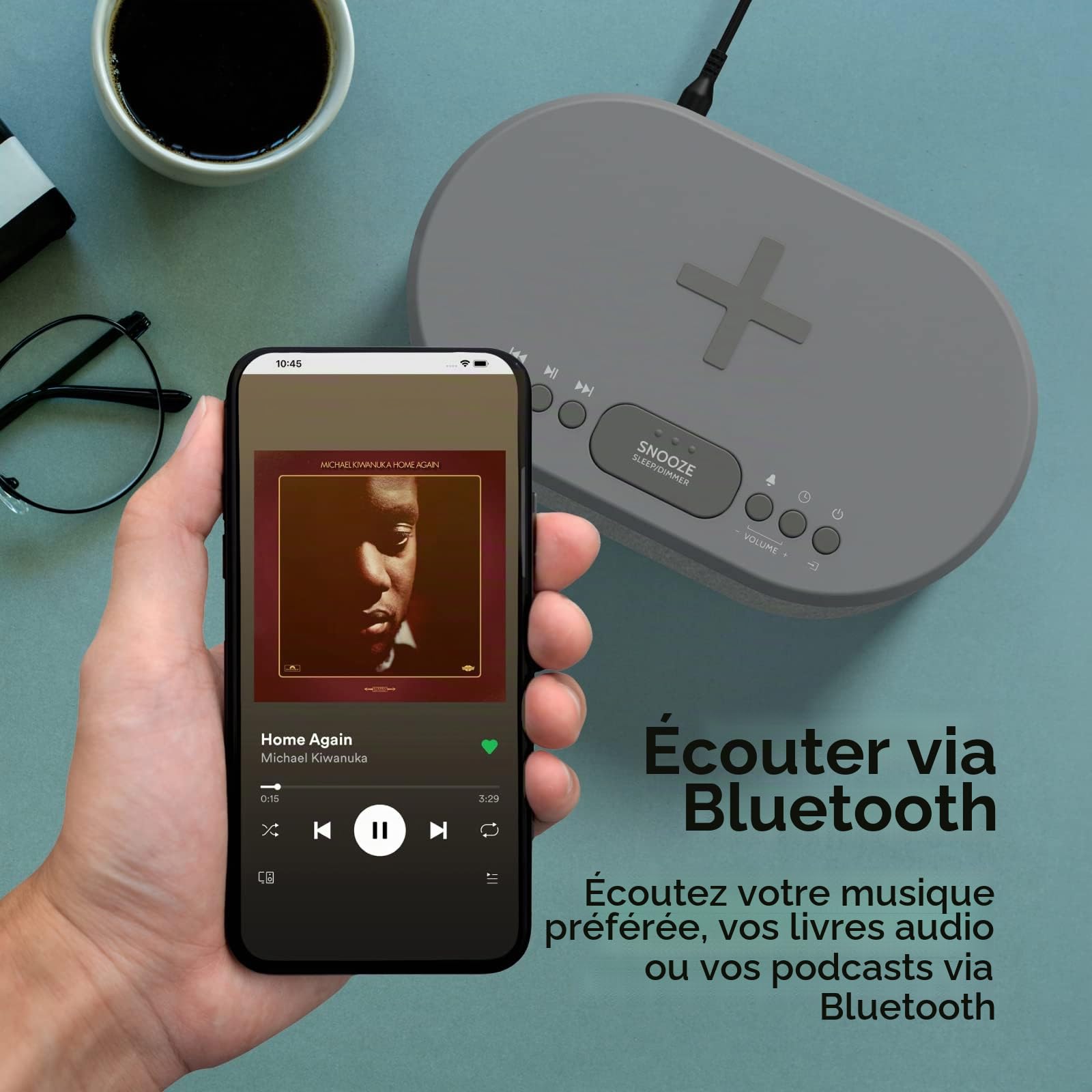 Réveil de chevet sans fil avec affichage LED à intensité variable, sans tic-tac, alimentation secteur avec chargeur USB et enceinte Bluetooth