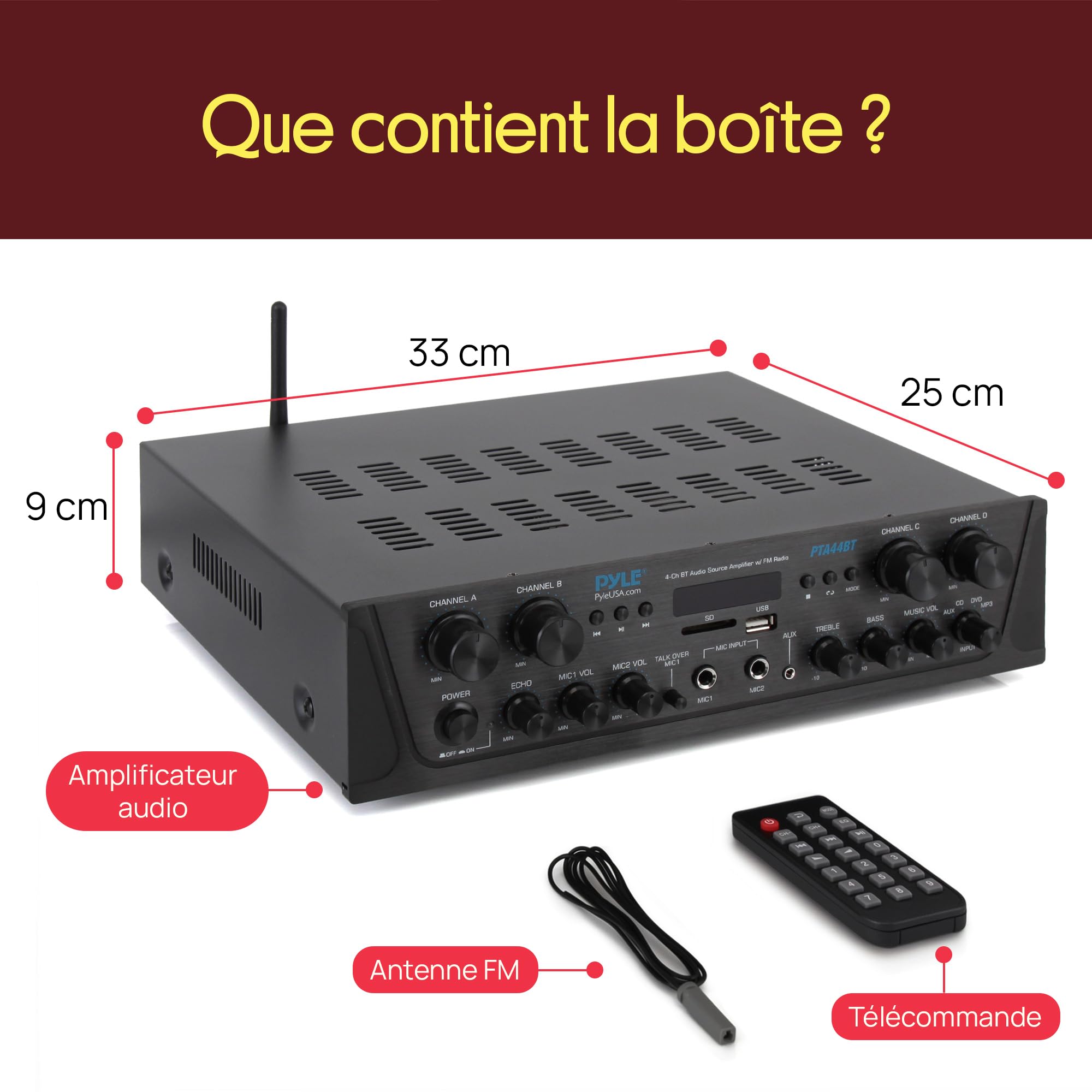Pyle Ampli Bluetooth Karaoké sans Fil 500W - Récepteur Audio Stéréo 4 Canaux avec AUX, Radio FM, Subwoofer RCA, USB, Microphone avec Écho, 500W sous 4-8 Ohms, idéal pour Studio Musique