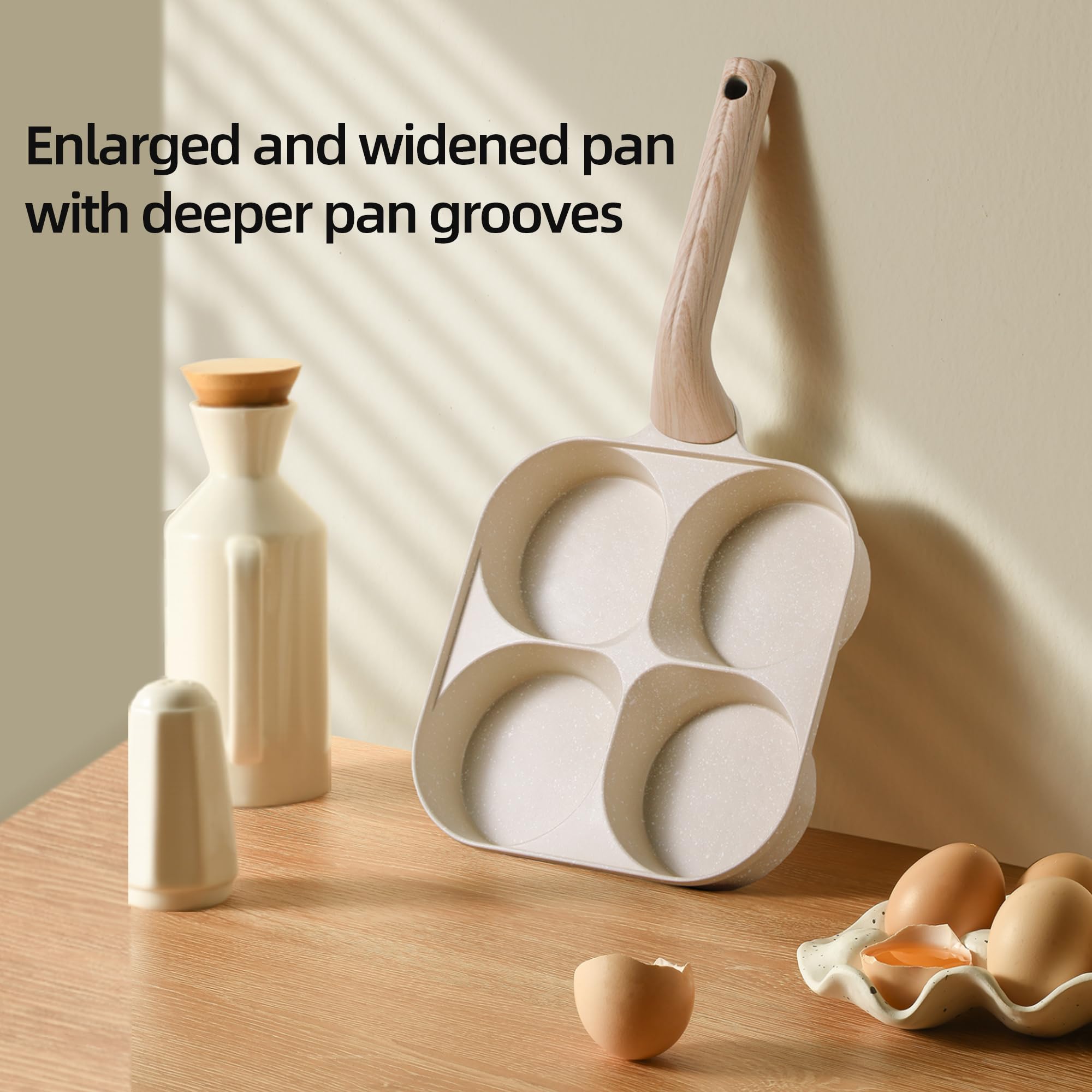 Sartén de huevos mejorada de 4 tazas con ranuras profundas y mango elevado, sartén antiadherente para tortilla con revestimiento de granito para cocinas de gas e inducción 7
