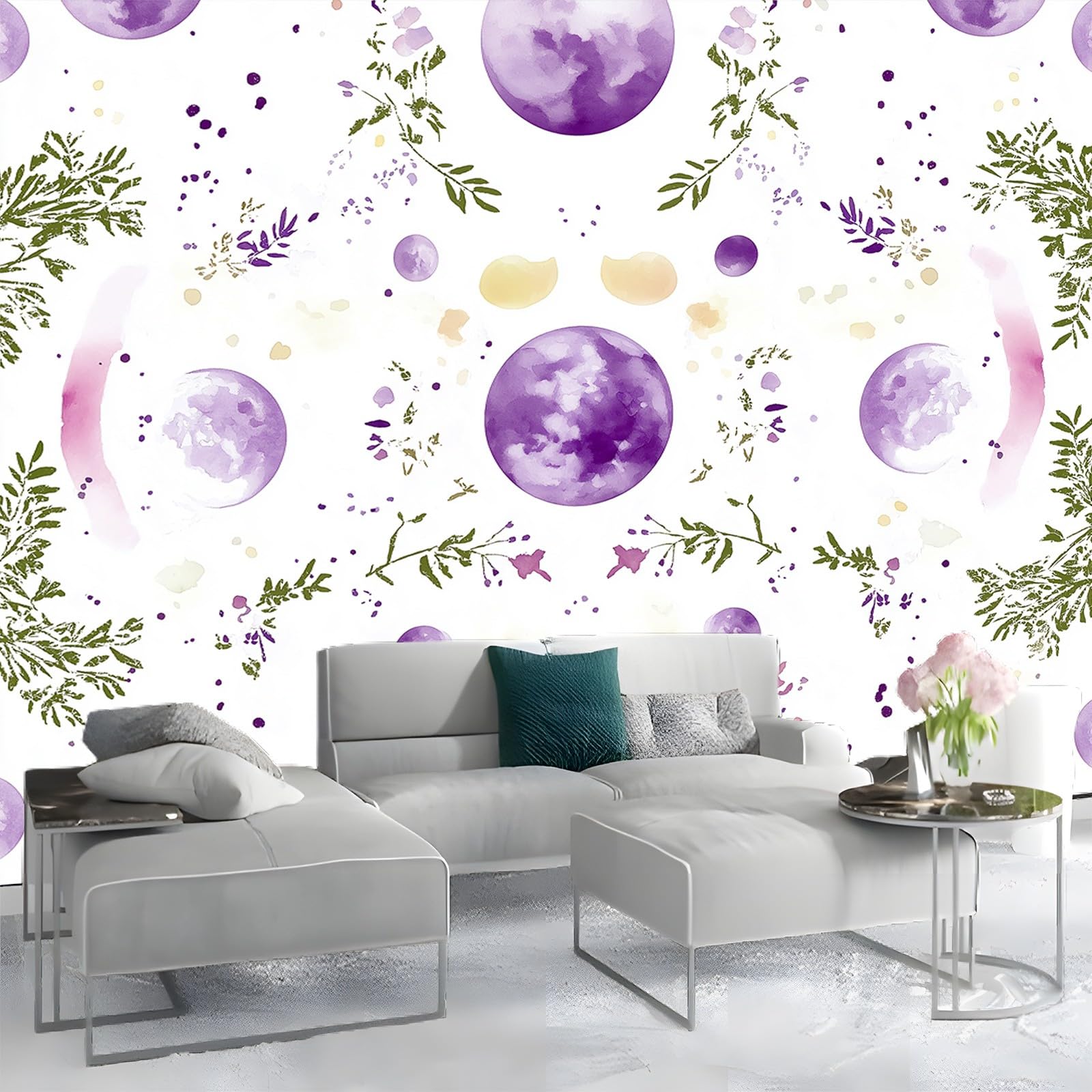 Panoramiczne tapety kwiaty akwarela księżyc fioletowy zielony 200 x 140 cm (szer. x wys.), gigantyczny plakat ścienny 3D nowoczesna tapeta dekoracja ścienna salon sypialnia sypialnia biuro tapeta