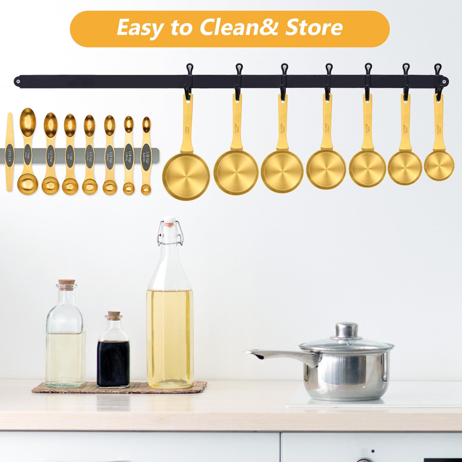 GuDoQi Gold Magnetische Messlöffel und Becher Set mit 15 Stück, 8 doppelseitige magnetische Messlöffel-Set mit Nivellierer, 7 Messbecher, Premium-Edelstahl, Messung für flüssige und trockene Zutaten