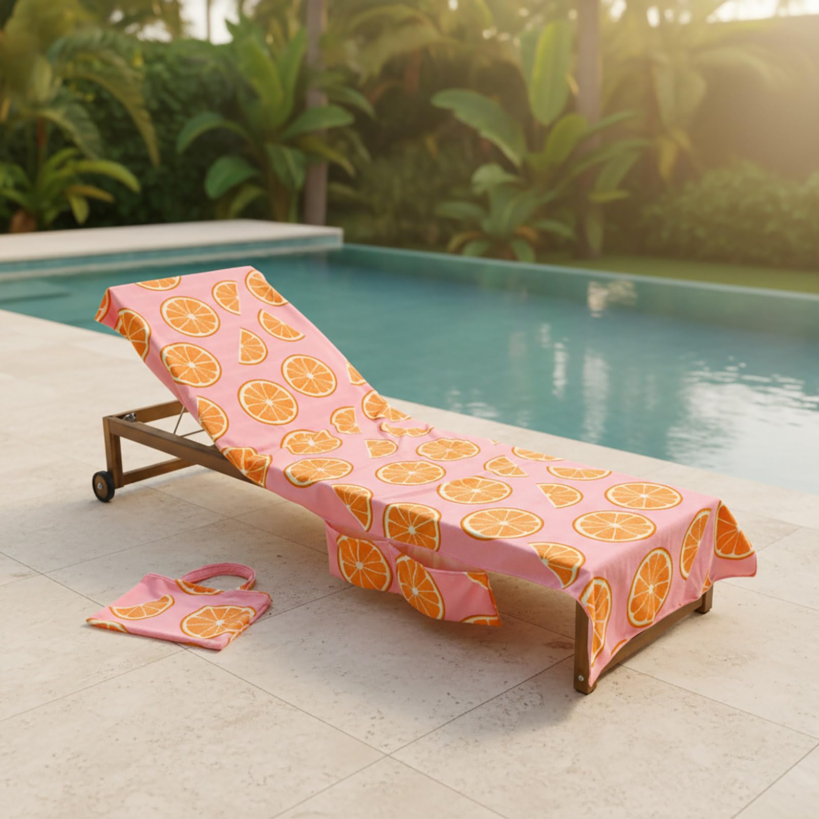 Ohs Pink - Orange Print Sun Lounger Towels With Pockets, Soft Quick-Dry Absorbent Beach Towels For Adults Lightweight Sun Lounger Large Microfibre Beach Towel Holiday Essentials, 75 X 215Cm - Pink Orange Print