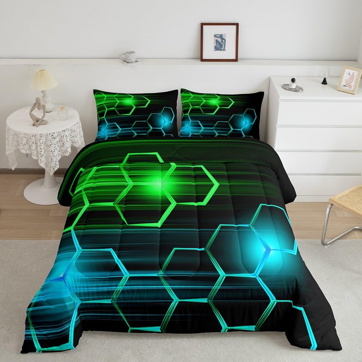 Feelyou Honeycomb Comforter Set for Kids Boys Girls Geometrical Comforter Beehive Bedding Set Queen Size Bedroom Decor Green and Light Blue Ombre Duvet Set Quilt Set 3Pcs Multi Honeycomb2-06