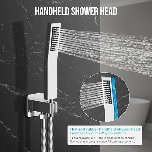 Miniatura 35 de Juego de grifo de ducha cuadrado para baño, cabezal de ducha de lluvia y mango, accesorios de ducha montados en la pared con válvula de ducha y kit