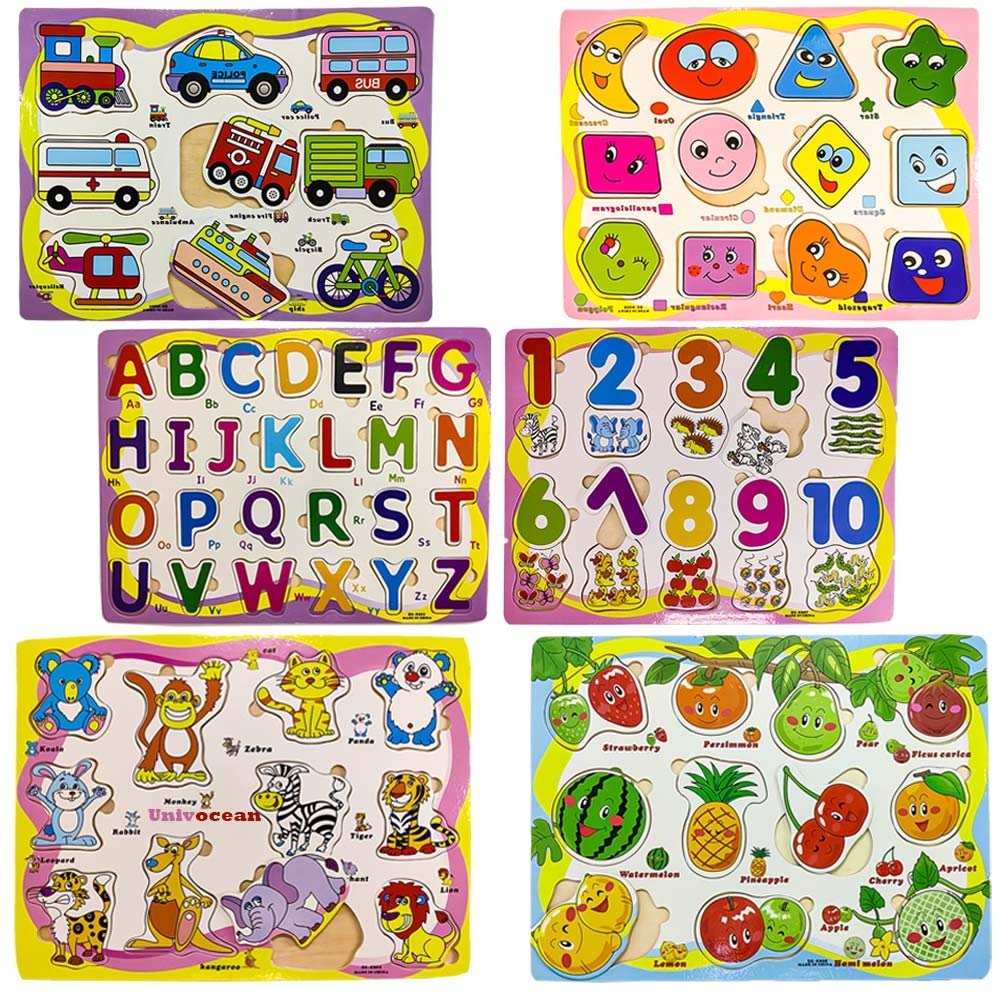 Univocean Set Of 6 Wooden Learning Puzzle Board - Learn Shapes, Animals, Numbers, Alphabets, Fruits & Vechiles, Baby (B09129KQT6) Amazon Price History, Amazon Price Tracker