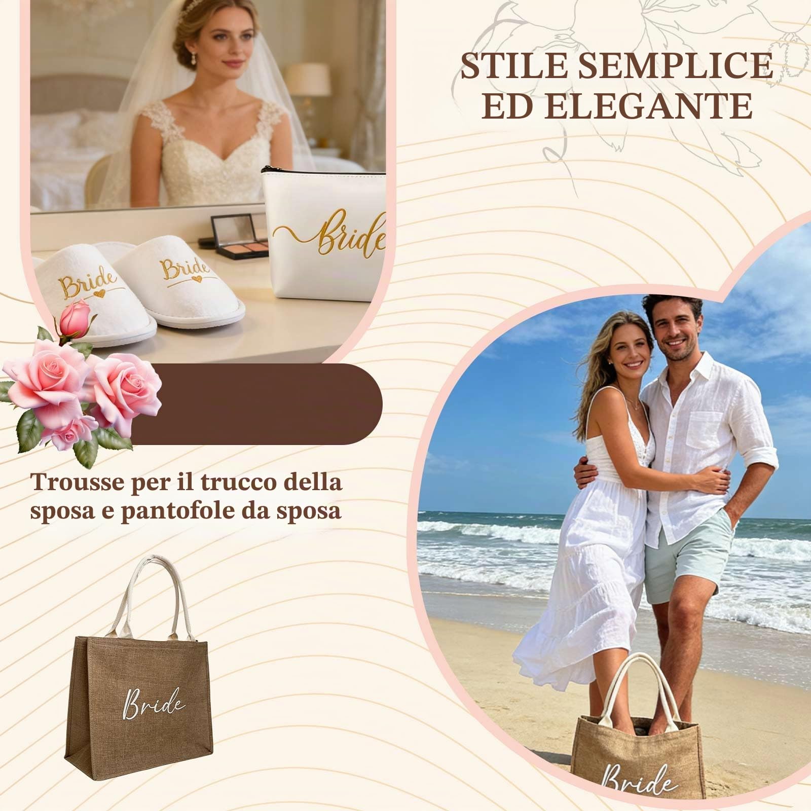 4 pezzi Set di regali per sposa Accessori JGA per donne Borsa in juta con borsa per cosmetici, pantofole, calzini, Borsa cosmetica Bride To Be JGA Borsa in juta per JGA, matrimonio, festa in spiaggia