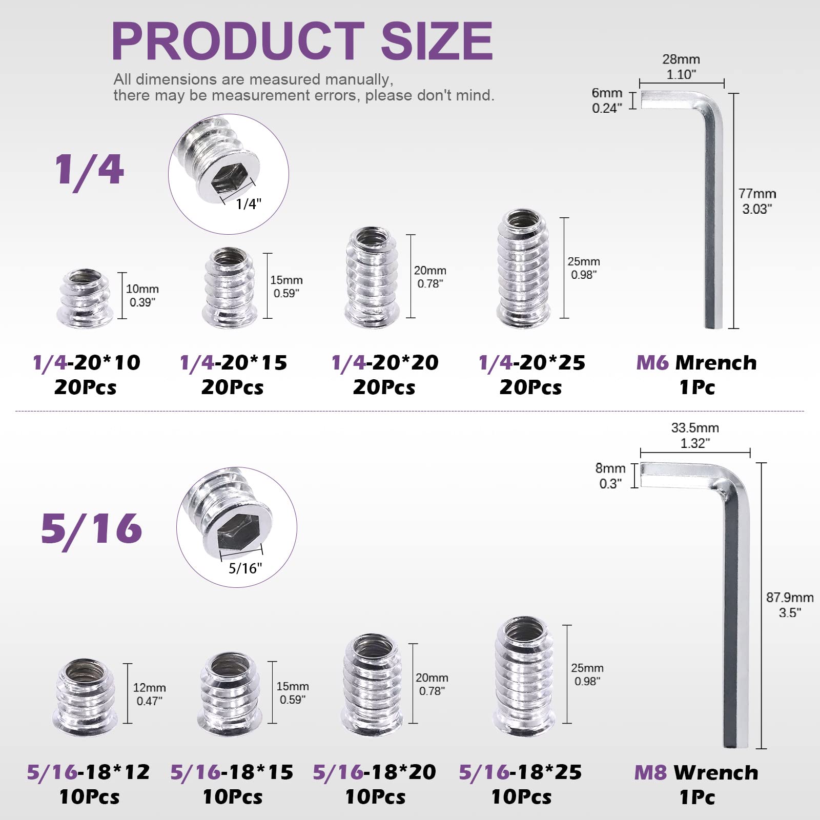 Swpeet 122Pcs White Zinc Plated Carbon Steel Carbon Furniture Screw in Nut Threaded Wood Inserts Threaded Inserts Bolt Fastener Connector Hex Socket (1/4