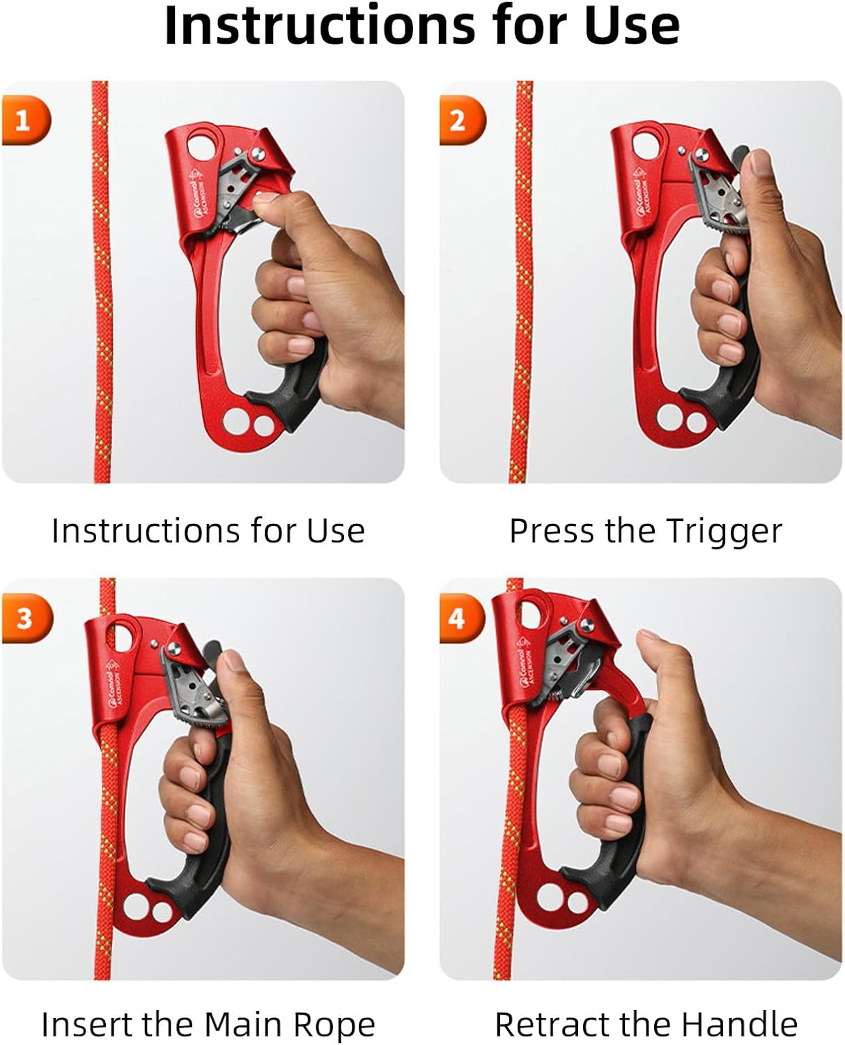 Climbing Hand Ascender Mountaineering Rock Climbing Tree Arborist Strong Rappelling Gear Equipment Rope Clamp with Ergonomic Rubber Handle, Aluminum Alloy Climbing Ascender for 10~13MM Rope