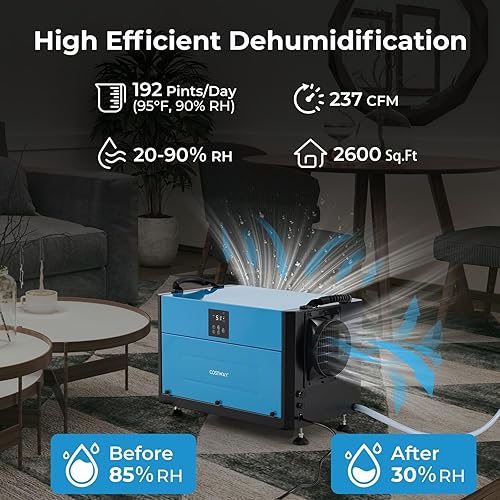 Miniatura 4 de COSTWAY Deshumidificador comercial de 192 PPD, deshumidificador de espacio de rastreo de 2600 pies cuadrados con manguera de drenaje de 9.8 pies y