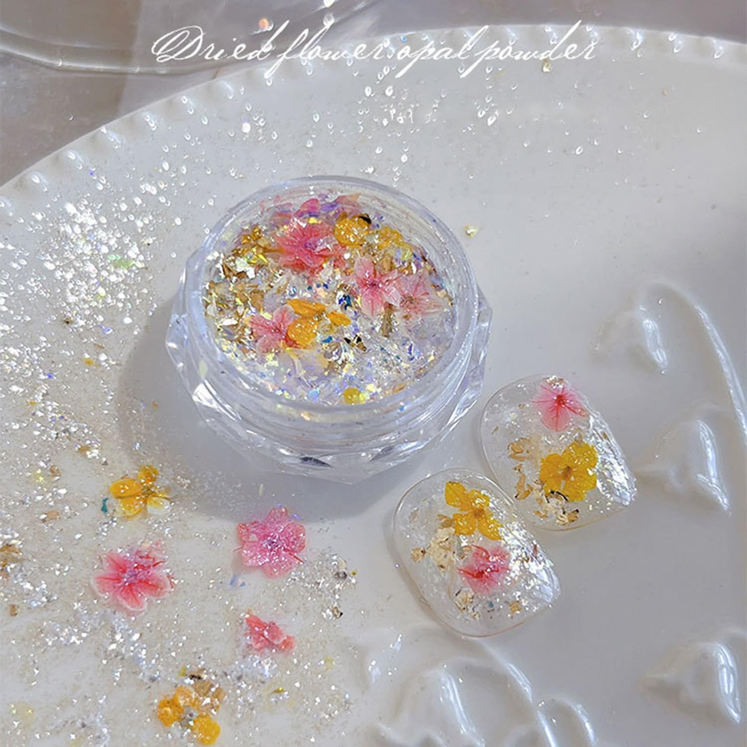 3Pcs 3D Dried Flowers Nail Art Stickers - Diamond & Ice Silk Formula for Stunning Nail Art, Chunky Glitter Flakes for Gel Polish & DIY (Peach Blossom & Lavender Mist & Emerald Shimmer, 3PCS)