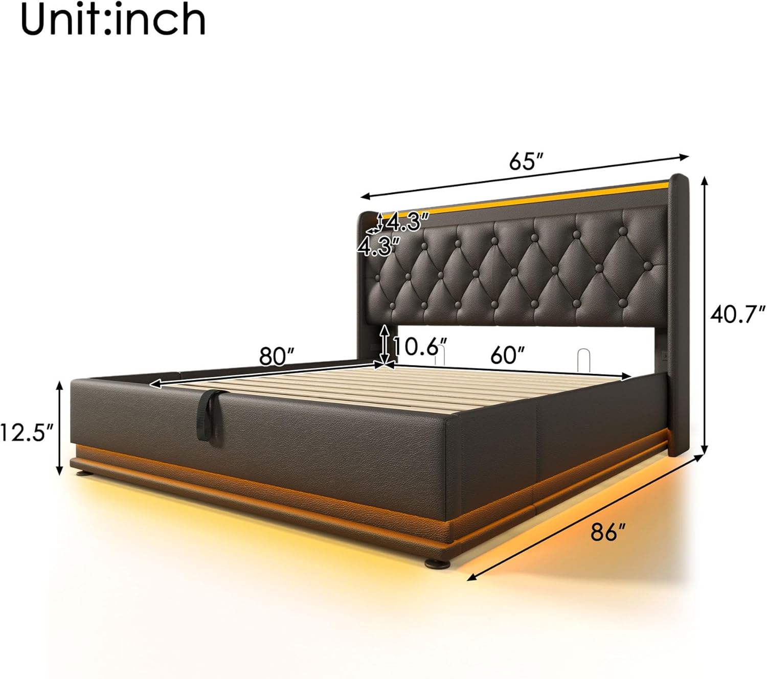 Queen Lift Up Storage Bed Frame with Button Headboard and Storage Underneath, Upholstered Platform Bed Frame & Smart Bed with Charging Station, LED Lights, Heavy Duty, Easy Assembly (Black PU, Queen)