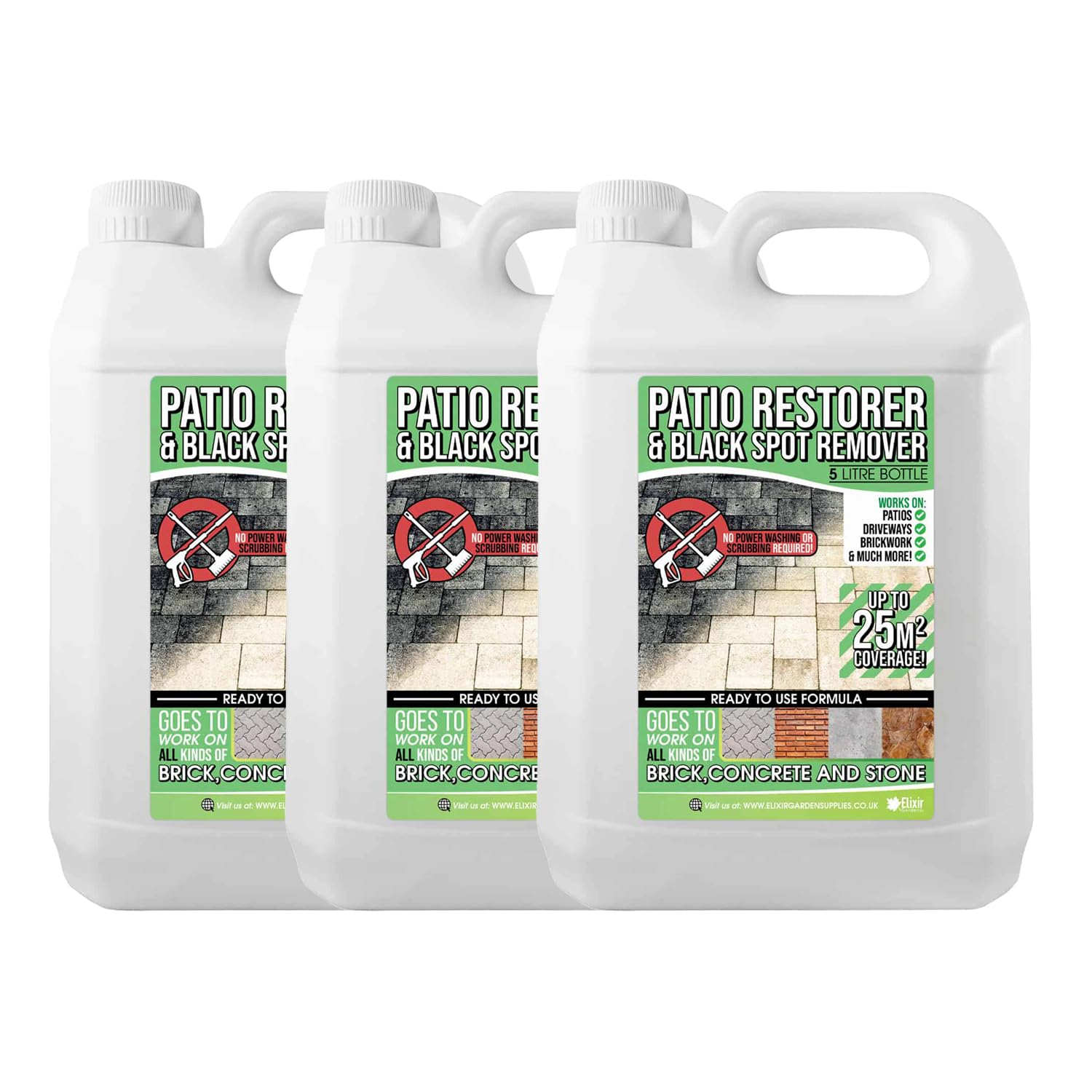Elixir Gardens Black Spot Remover | Path, Patio & Driveway Cleaner for Stone, Brick, Concrete & Paving Slabs | Destroys Lichen, Algae & Mould | Ready To Use-SPRAY & LEAVE FORMULA | 5 Litre Bottle x 3
