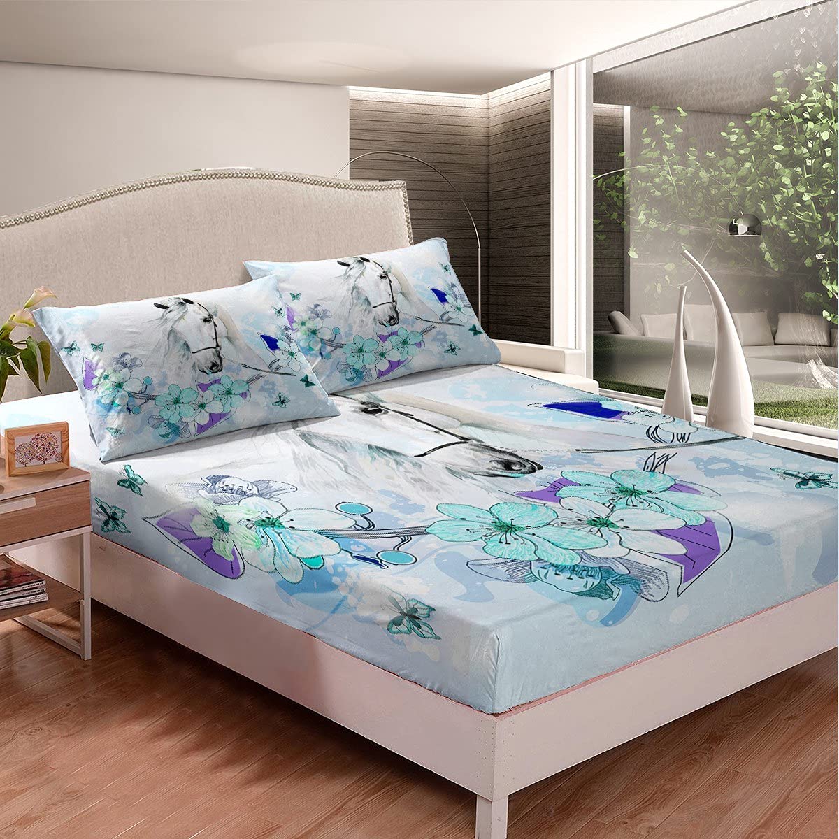 Horse Fitted Sheet Girls Floral Farmhorse Pattern Bedding Set For Kids Blossom Flowers Wild Animal Bed Sheet Set Ultra Soft Blue Bed Cover King Size