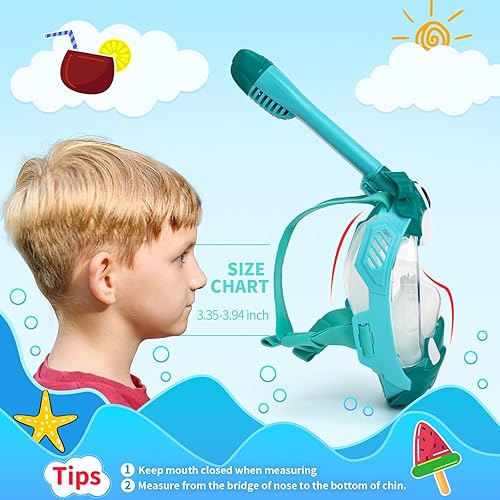 Miniatura 6 de Máscara de esnórquel de cara completa para niños, equipo de esnórquel para niños, máscara de esnórquel con vista panorámica de 180 con correas de