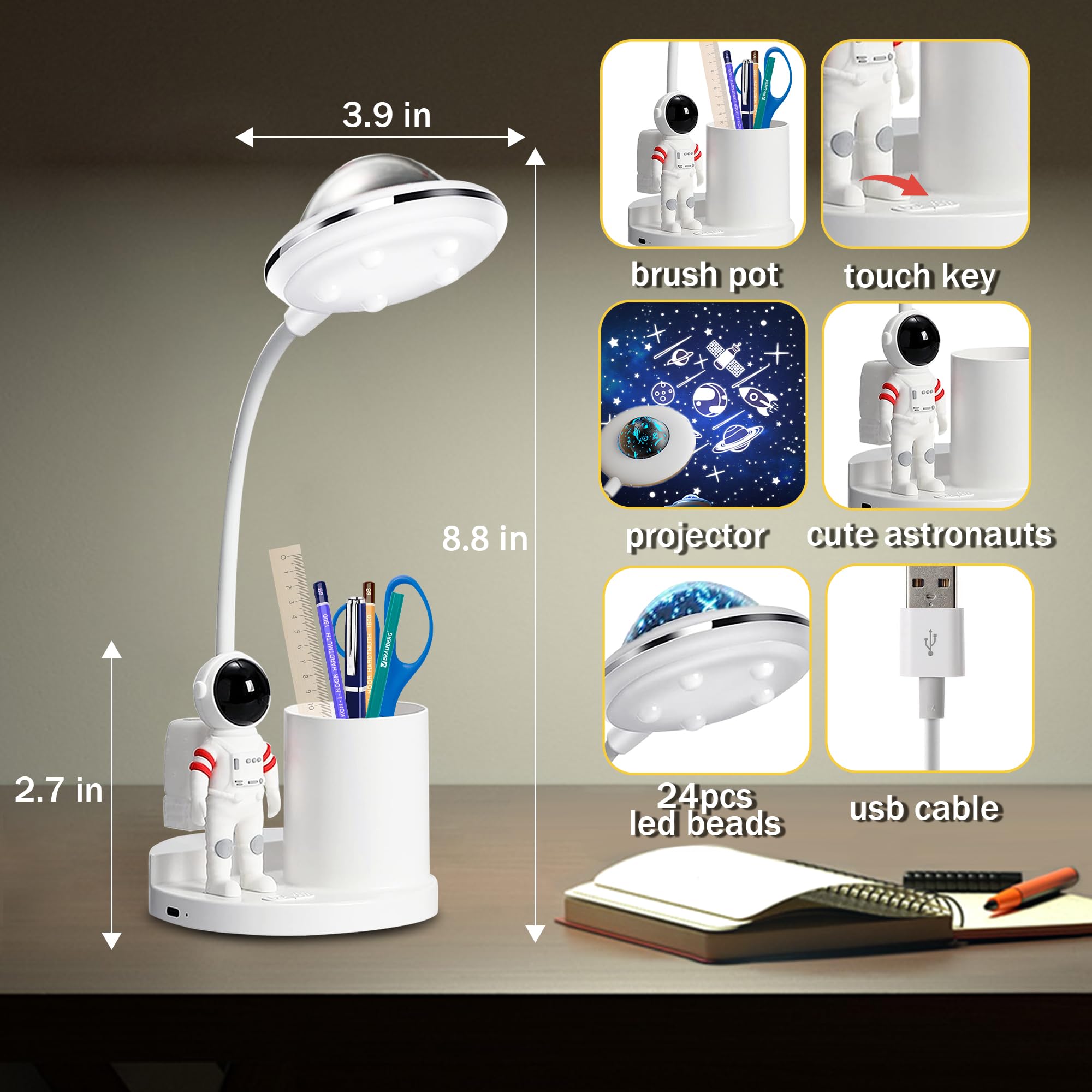 Lámpara de escritorio de astronauta para niños, proyector espacial de estrellas, luz nocturna, luces de astronauta con soporte para bolígrafos, iluminación de atenuación sin pasos, lámparas de mesa