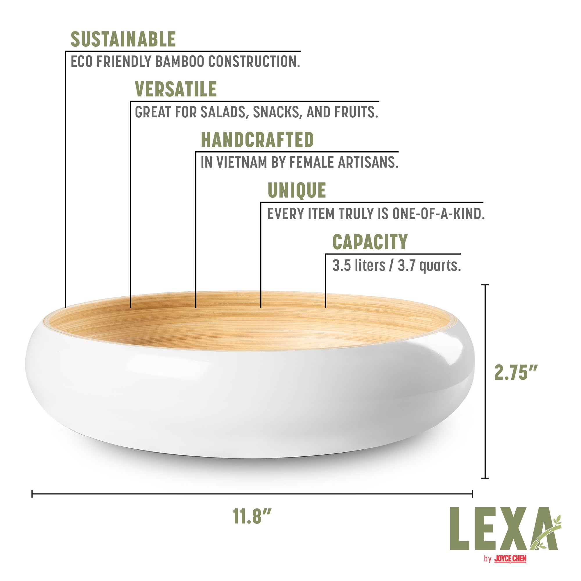 LEXA Frutero de madera de bambú blanco hecho a mano de 12 pulgadas para encimera de cocina, cuenco de ensalada de madera de bambú grande y ligero de 134 onzas