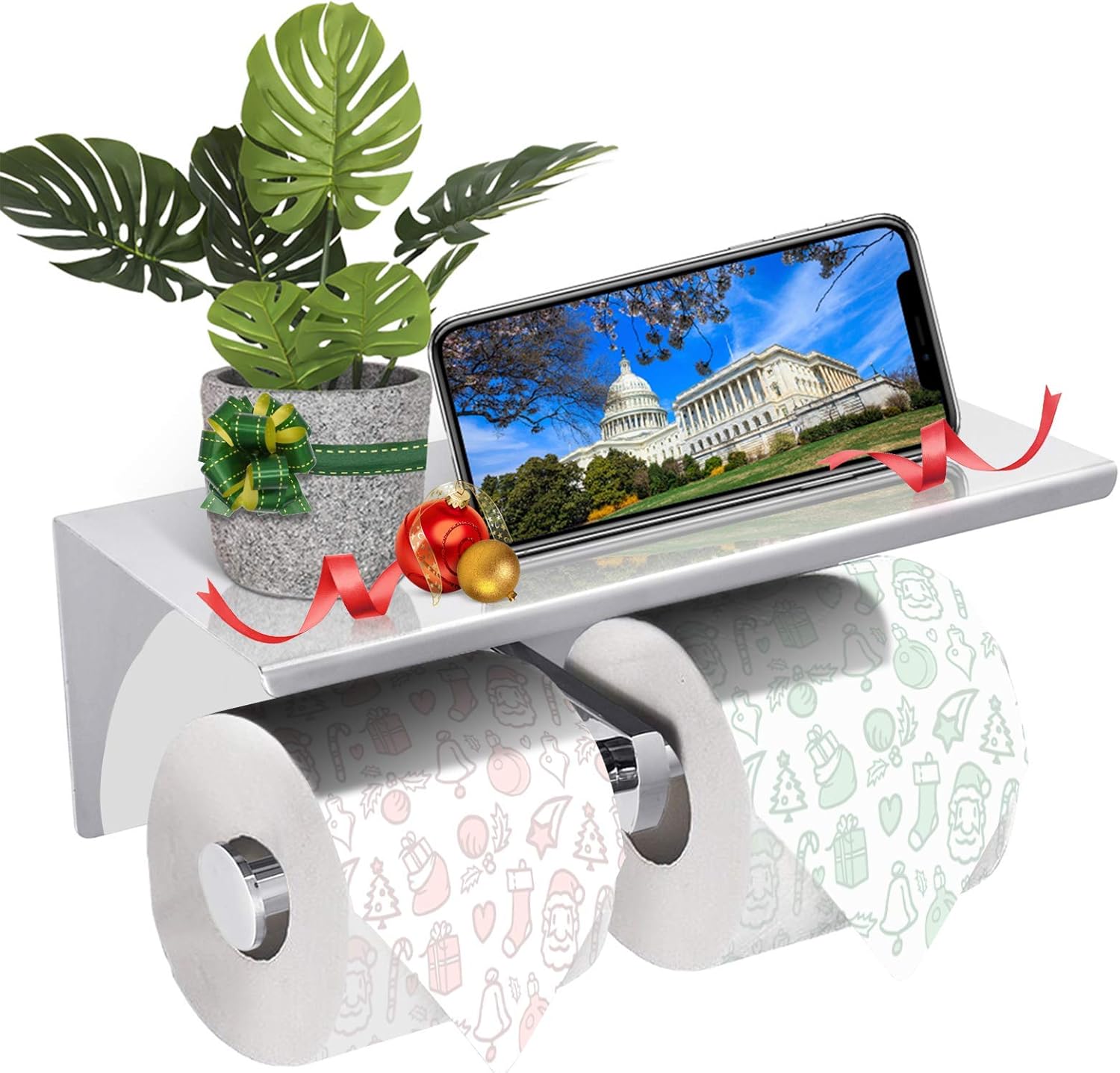 One-Day Sale: Up to 50% Off GEMITTO Toilet Paper Holder, SUS304 Stainless Steel Double Bathroom Paper Tissue Holder Mobile Phone Storage Shelf, Wall Mounted