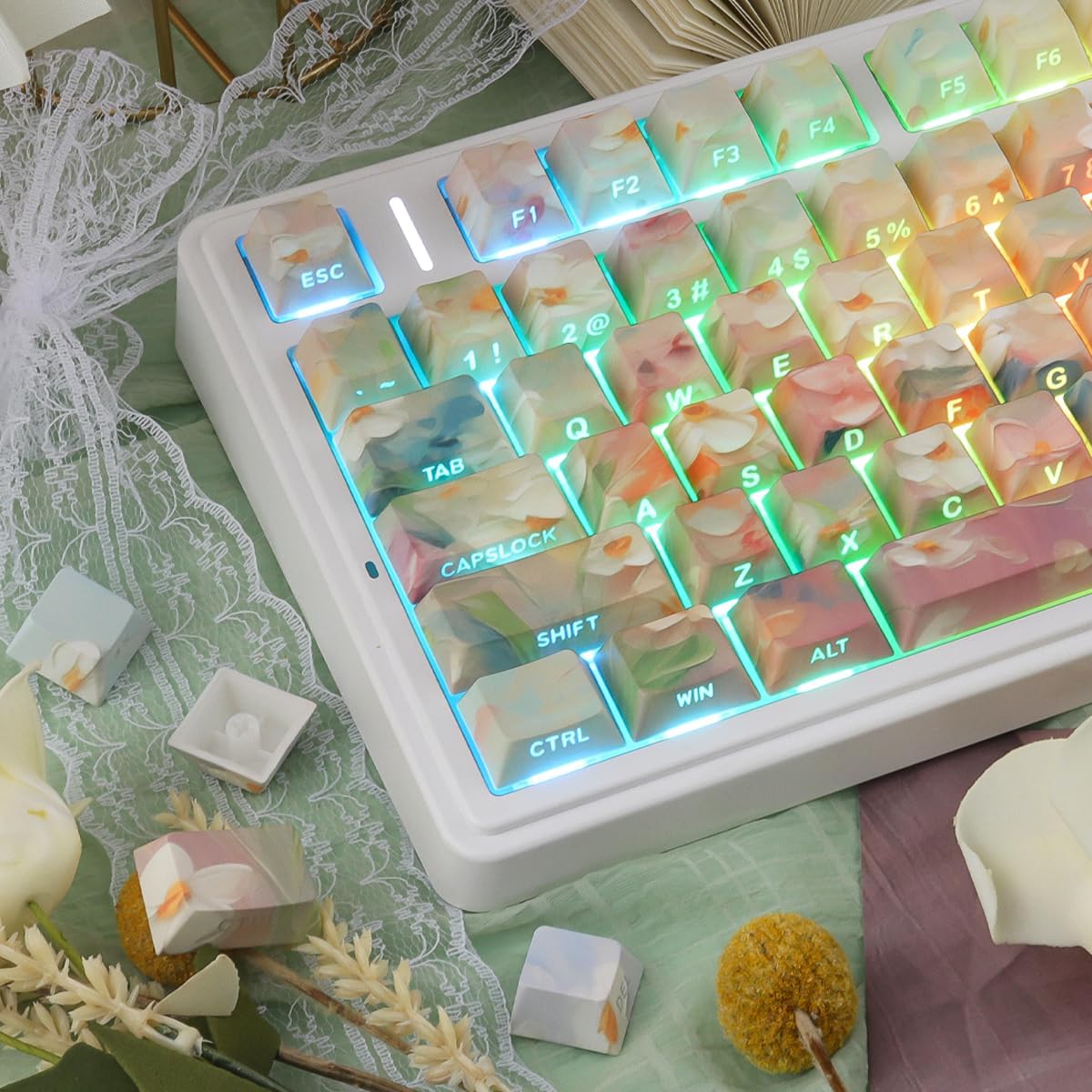 JOMKIZ Garden Oil Painting PBT Keycap Set - Side Printed Shine Through, 133 Keys Cherry Profile Keycaps, Dye-Sublimation Keycaps for 60%, 65%, 75%, 100% Cherry MX Mechanical Keyboard