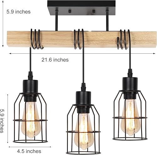 Miniatura 3 de Lámpara de techo semiempotrada de 3 luces, luces de techo con pantalla de jaula de metal y madera maciza, iluminación colgante para dormitorio,