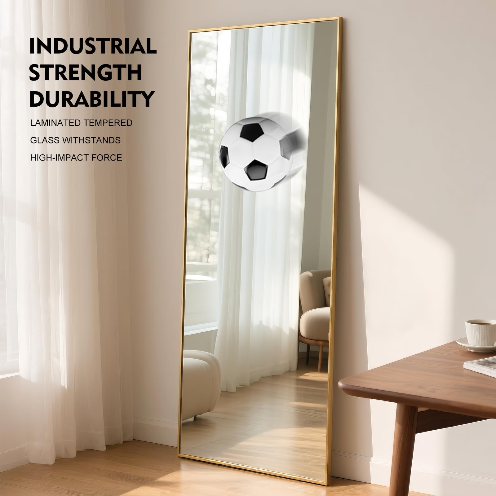 Grand miroir mural 165x60 cm cadre aluminium doré inclinable suspendu sur pied