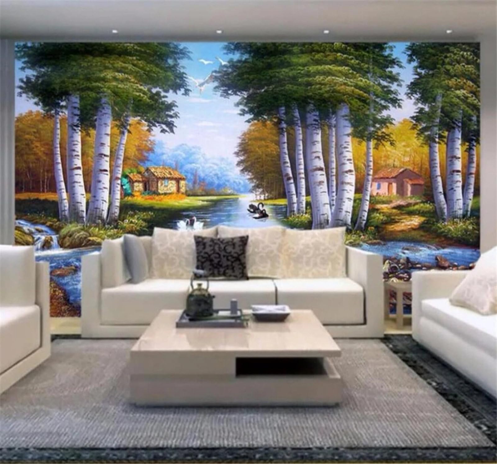 XLMING Fantasy Forest Swans Streams Scenery 3D Wallpaper Luxury Silk Study Dining Feature Sofa Grey Bedroom Living Room Tv Decorative Wall-300cm×210cm