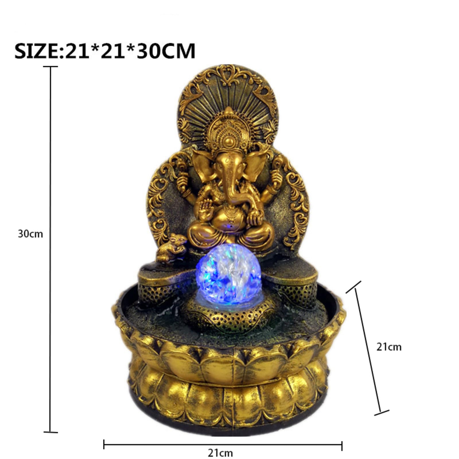 Fontaine Ganesh élégante - Fontaine d'intérieur et d'extérieur avec boule de cristal LED - Design en résine résistante aux UV et à la pluie