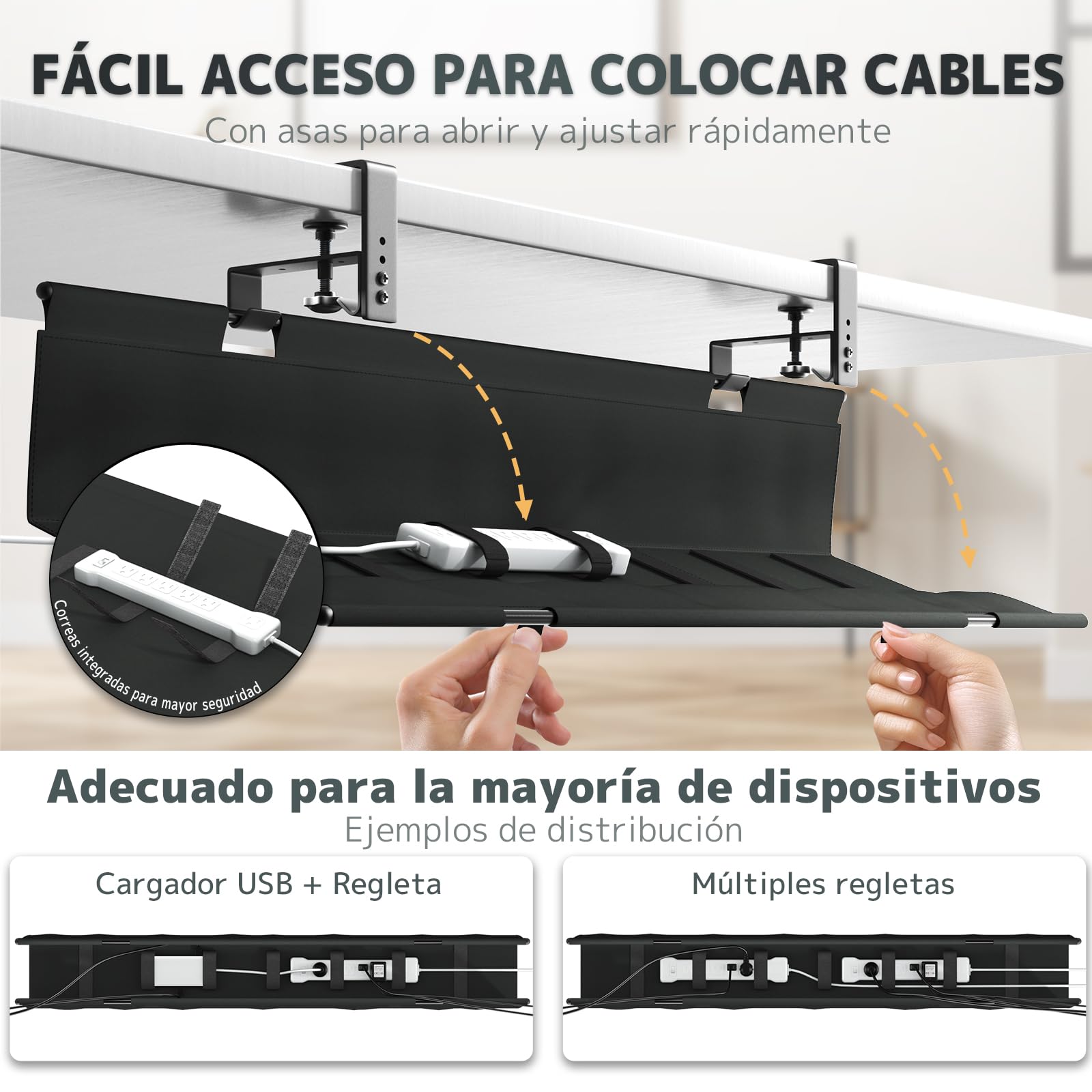 Organizador de Cables para Escritorio Sin Taladro, Cable Management Under Desk 90cm con Fijación a Pinzas/Tornillos, Bandeja de Cable de Tela Estable e Impermeable para Hogar y Oficina, Negro