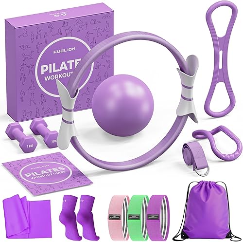 Miniatura 9 de Juego de anillos de pilates Fuelion para mujeres, equipo de pilates para entrenamiento en casa con bandas de resistencia, círculo mágico de 35 cm,