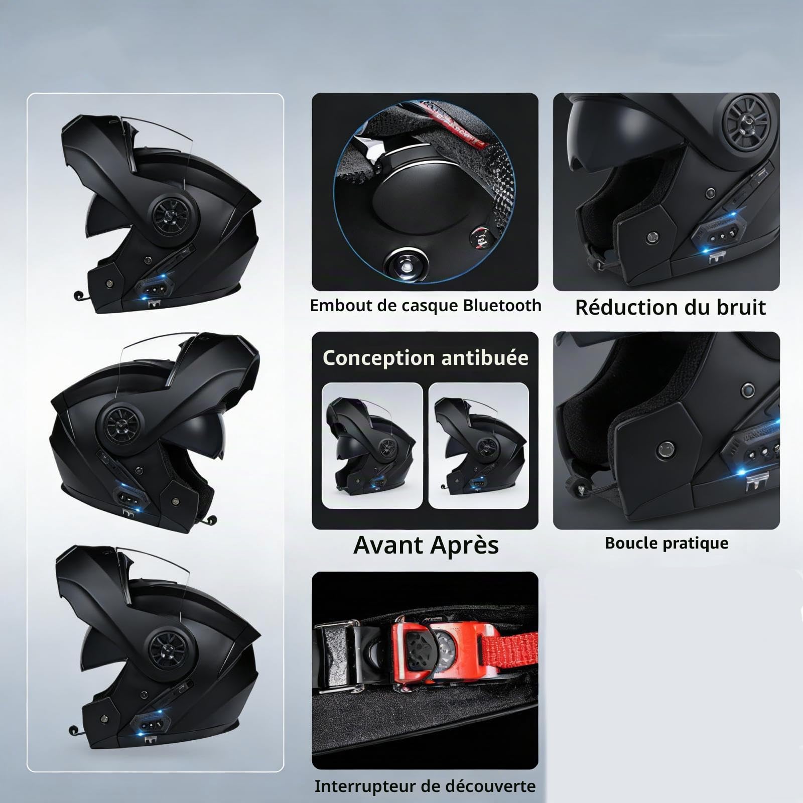 Modulable Casque Flip-Up Bluetooth Moto IntéGré Casque avec Double Visière ECE Homologué Casque Moto Intégral Casque Scooter Moto Anti-BuéE Double Miroir Homme Femme Anti-Collision Casque