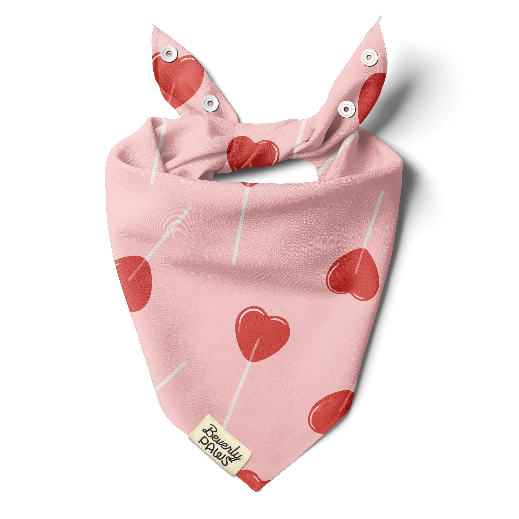 BeverlyPaws Snap-On Dog Bandana for Small Medium Large Pets, Dogs Cats Adjustable Handkerchief Scarf for Girl & Boy, Funny Cute Puppy Apparel & Accessories (Heart Lollipops, Medium)