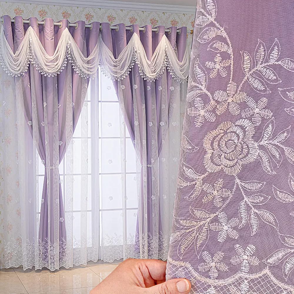 Amidoudou 1 Pair Simple Double Layer Curtains for Living Room Luxury Floral Embroidered Curtains with Wavy Valance (Purple,66 x 96 Inch)