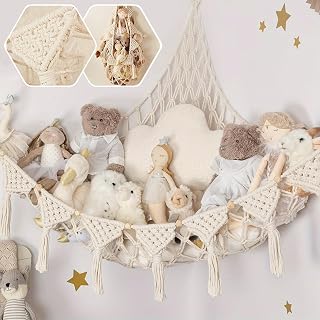 Kuscheltier Aufbewahrung Netz, Boho Makramee stofftier Spielzeug Lagerung hängende Tasche, Aufbewahrung Kuscheltiere Lagerung Netz Spielzeugaufbewahrung kinderzimmer Rosa