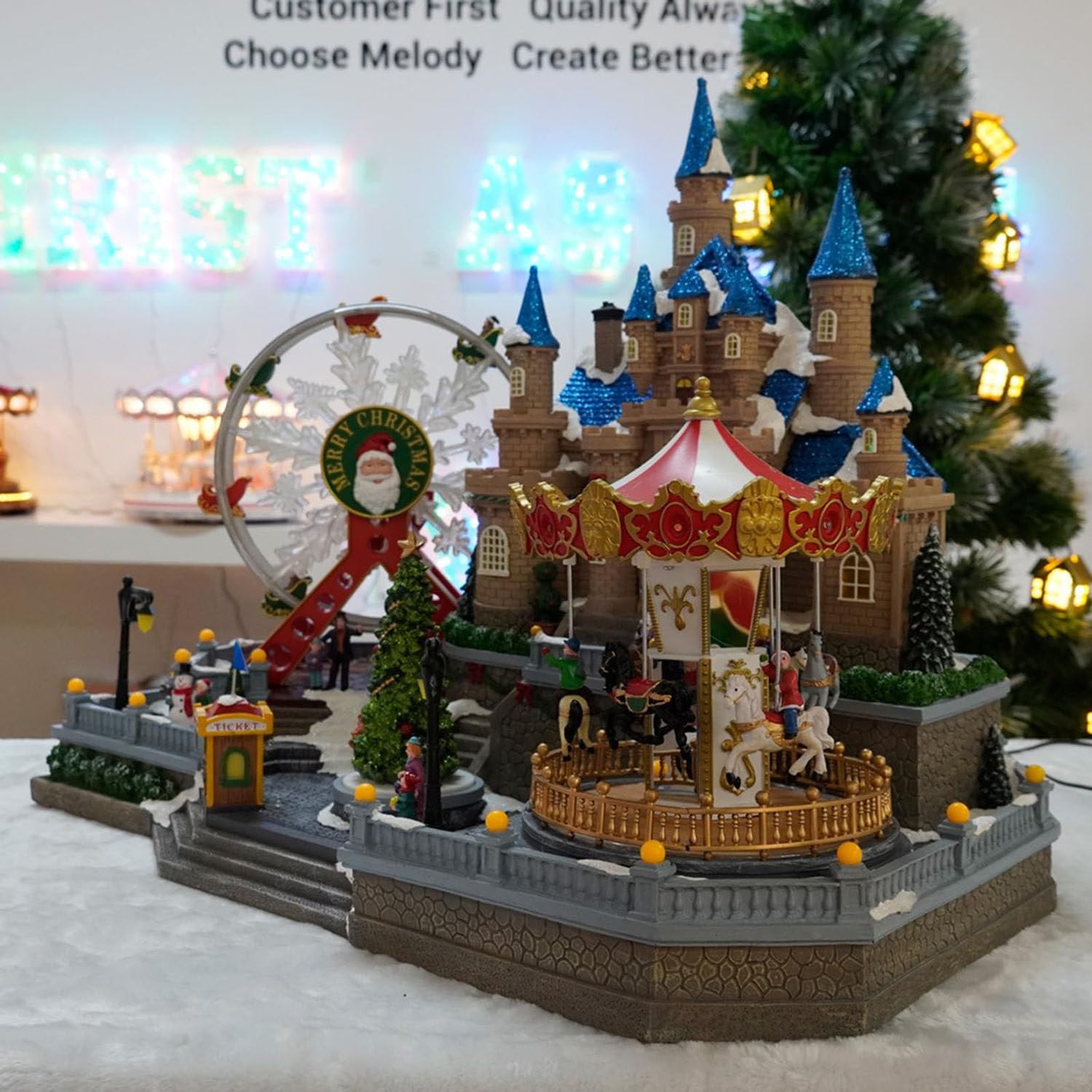 Decoración navideña iluminada con carrusel, Noria, árbol de Navidad Giratorio, Escena navideña Animada con música y Luces LED para la decoración Interior del hogar