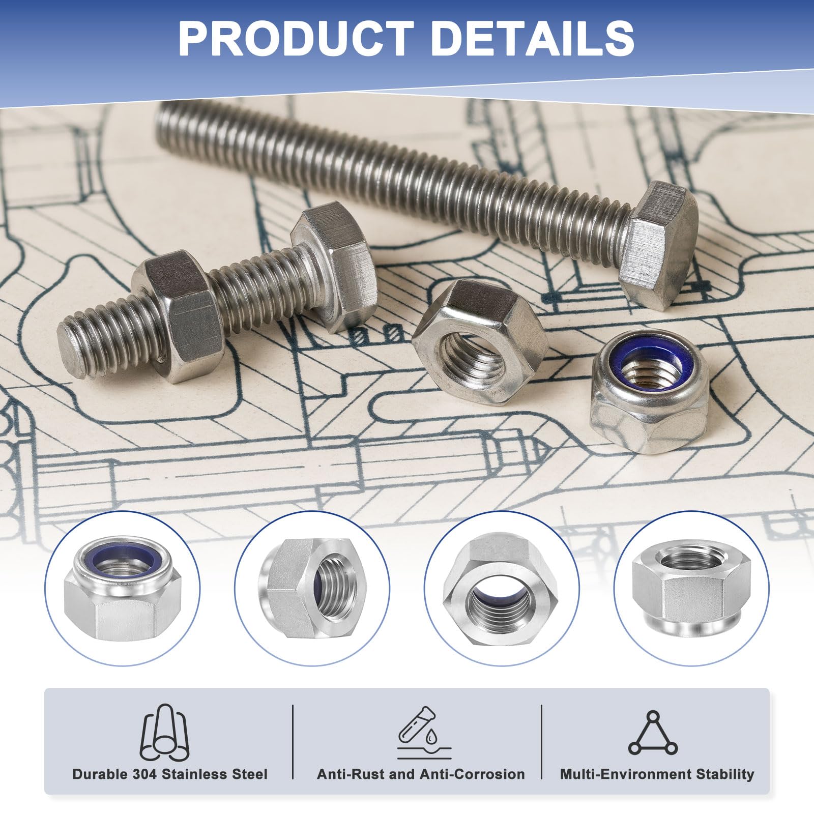 M METERXITY 8-Pack Nylon Insert Hex Lock Nuts - Image 2