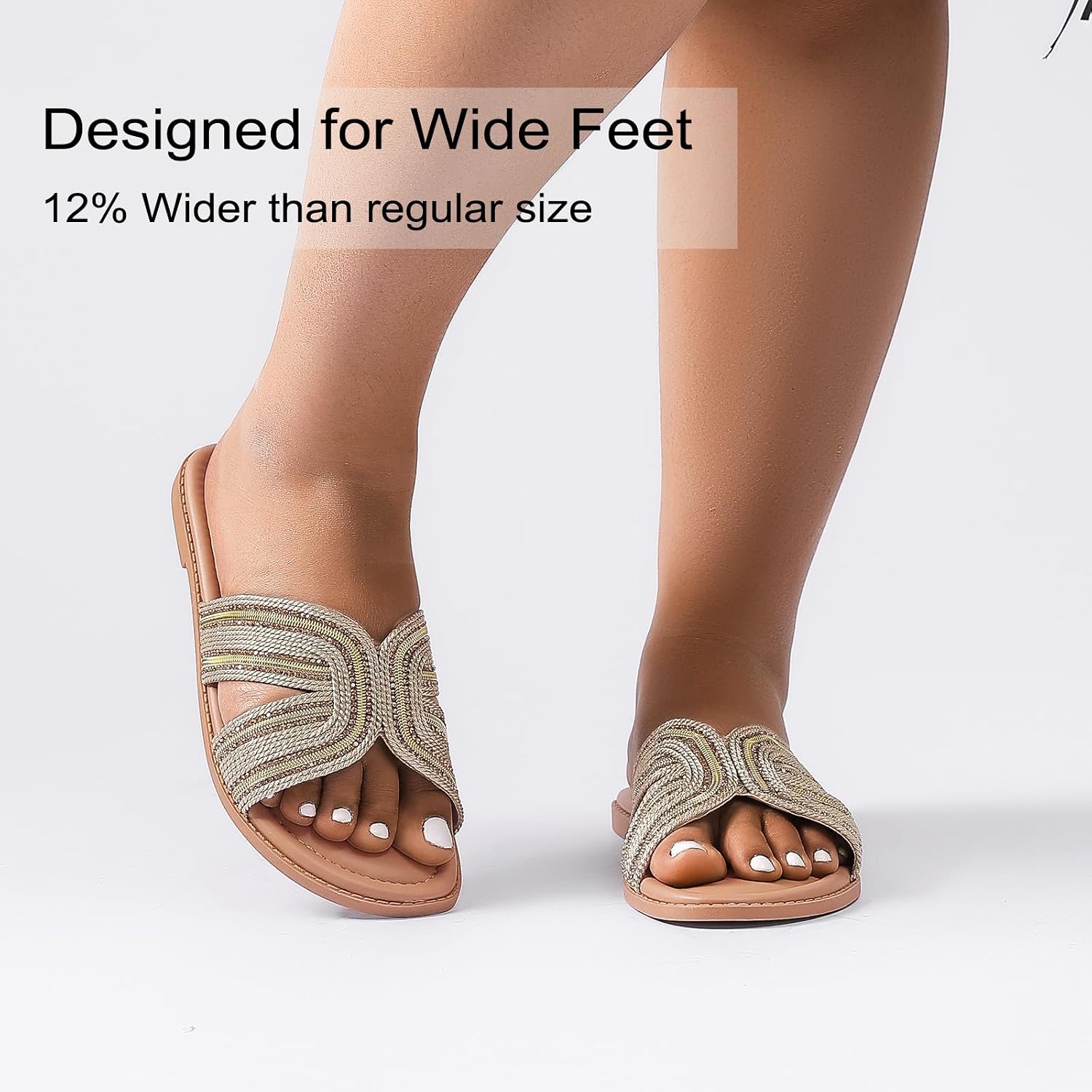 Ruiee Wide Width Sandals for Women, Fashion Slide Sandal Diamond Sparkly Bling Casual Dressy Flat Slides Comfort Bride Wedding Summer Slip on Wide Feet Womens Sandals.