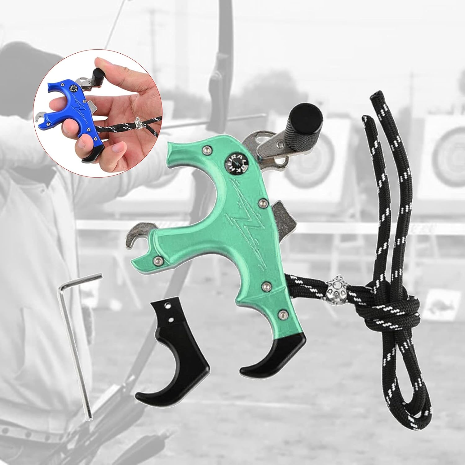 Aluminum Archery Thumb Bow Release Aids, Ergonomic Grip, 3 or 4 Finger, Weight, for Hunting, Beginners, Right and Left Hand, Adjustable, Material - Green