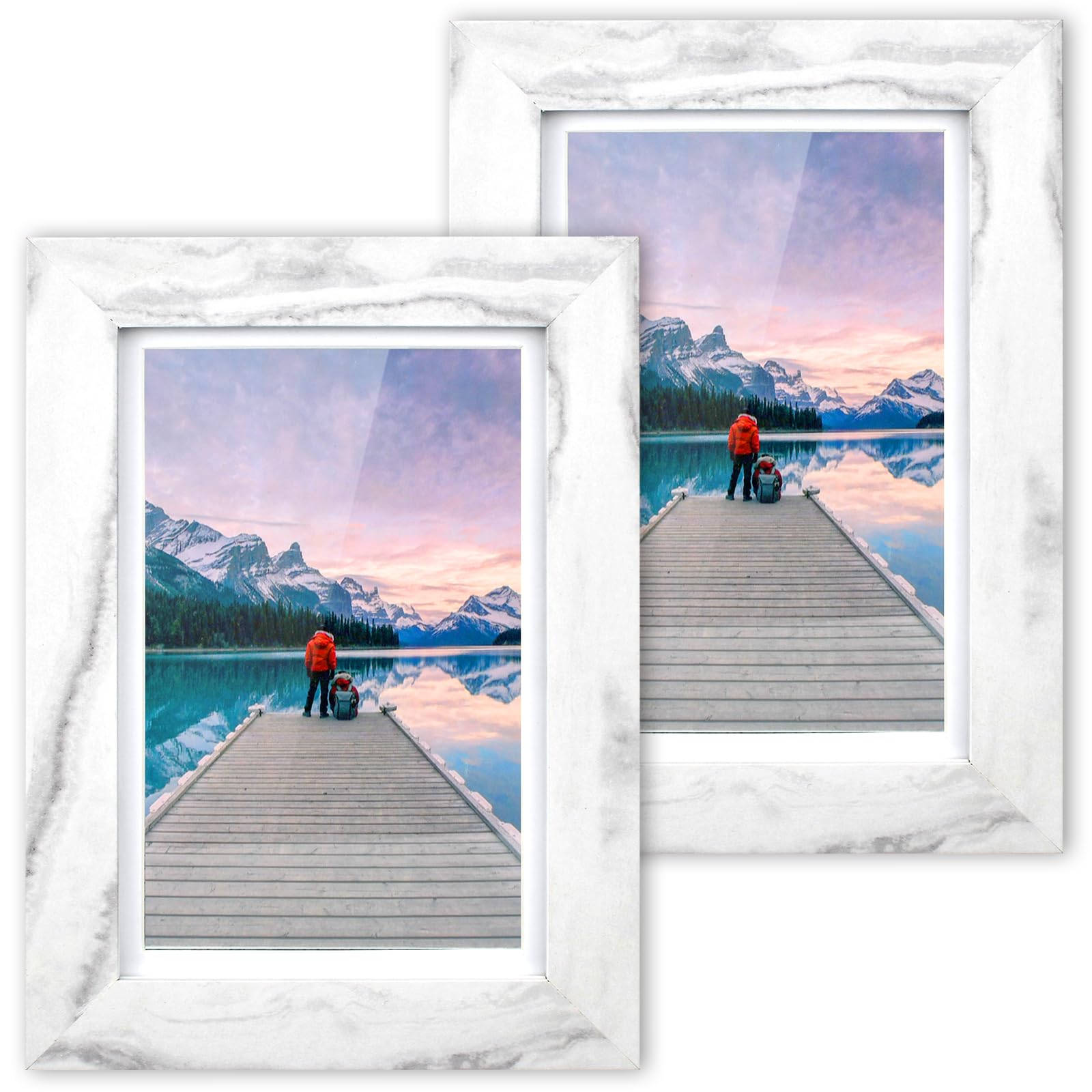 HOMEPIC 4x6 Picture Frame Set 2 Pack, Marble White 4x6 Photo Frames with Mat, Distressed Wooden Frame for Table Top Display Frames 4x6 for Wall Decoration with Hang nails