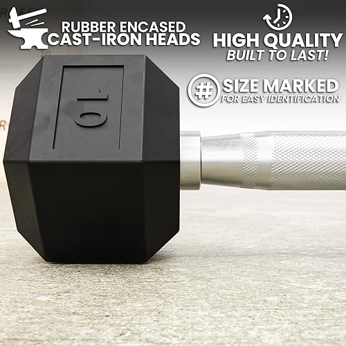 Miniatura 4 de Mancuernas hexagonales de caucho Synergee con mango cromado. Se venden individualmente pesas multiusos para entrenamiento de fuerza o para mejorar