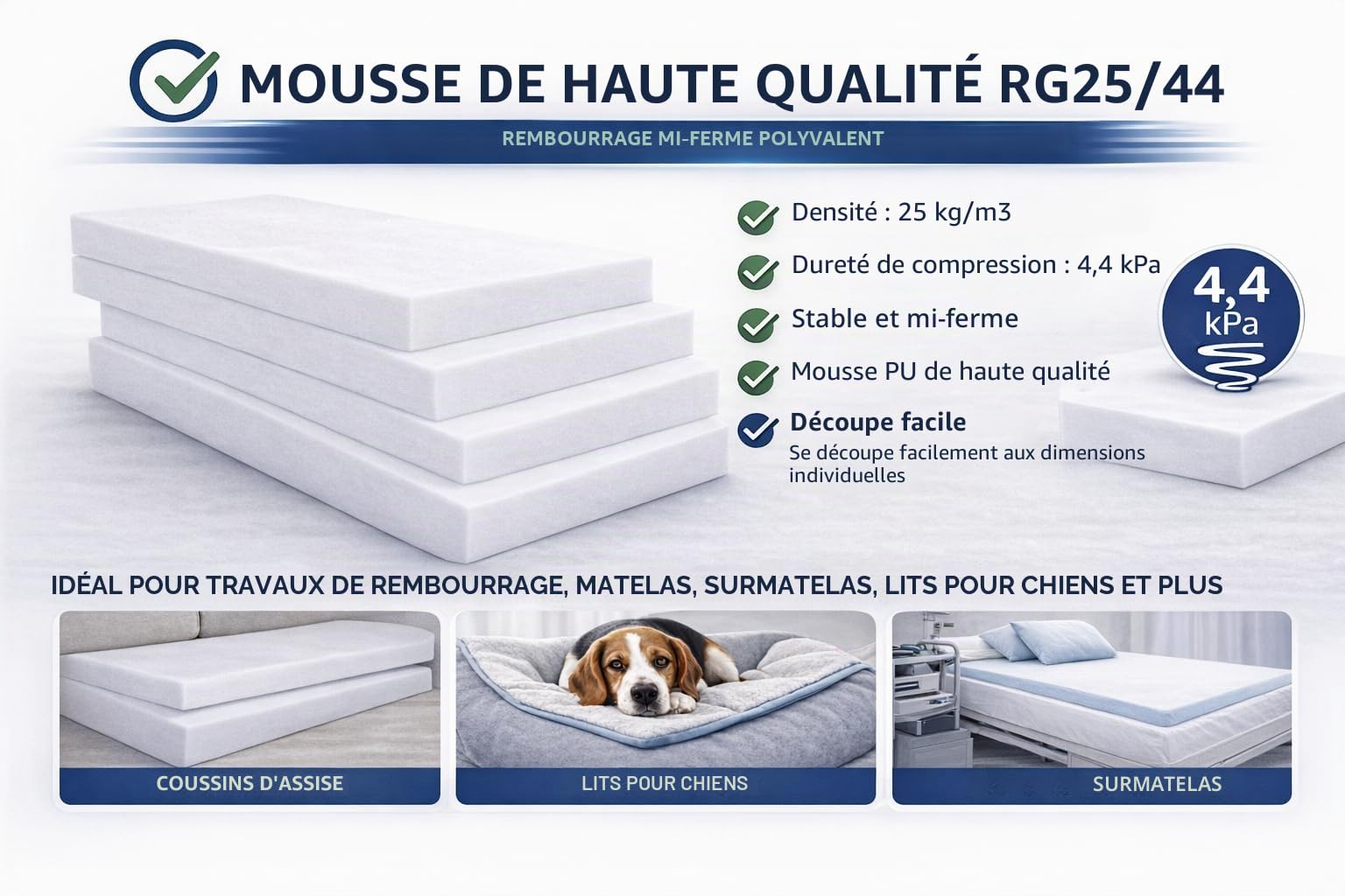 All4All Mousse pour Rembourrage - Matelas - Éponge pour canapés, assises - Haute densité - 120x200x5cm - D25/44