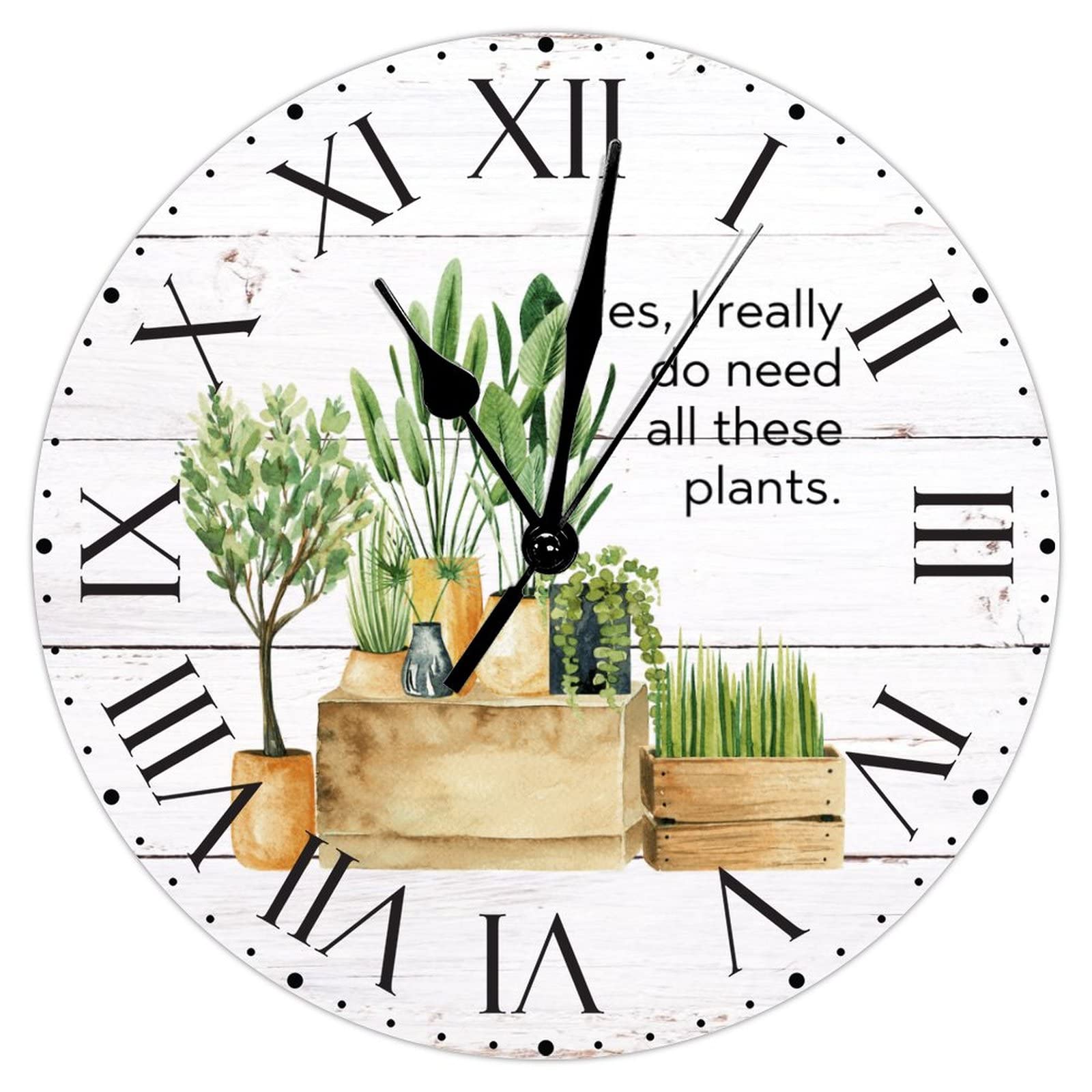 Horloge murale en PVC pour salon décor plantes et chiffres romains