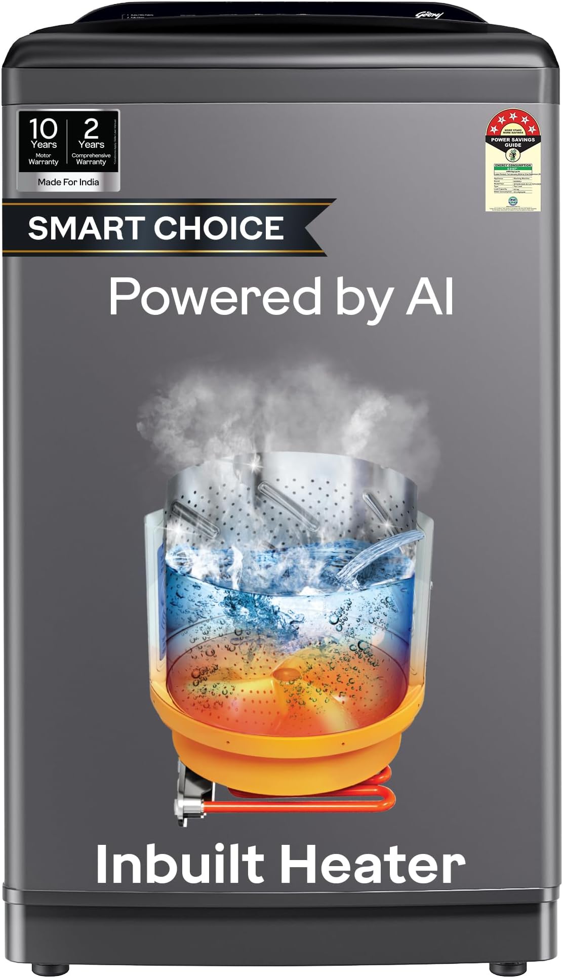 Godrej Smart Choice 10 Kg 5 Star, AI Tech, Inbuilt Heater, Fills Tub at ~0 Water Pressure, Steel Drum Fully Automatic Top Load Washing Machine (WTEON ADA 10 5.0 FEFH GLGR, Glacial Grey)
